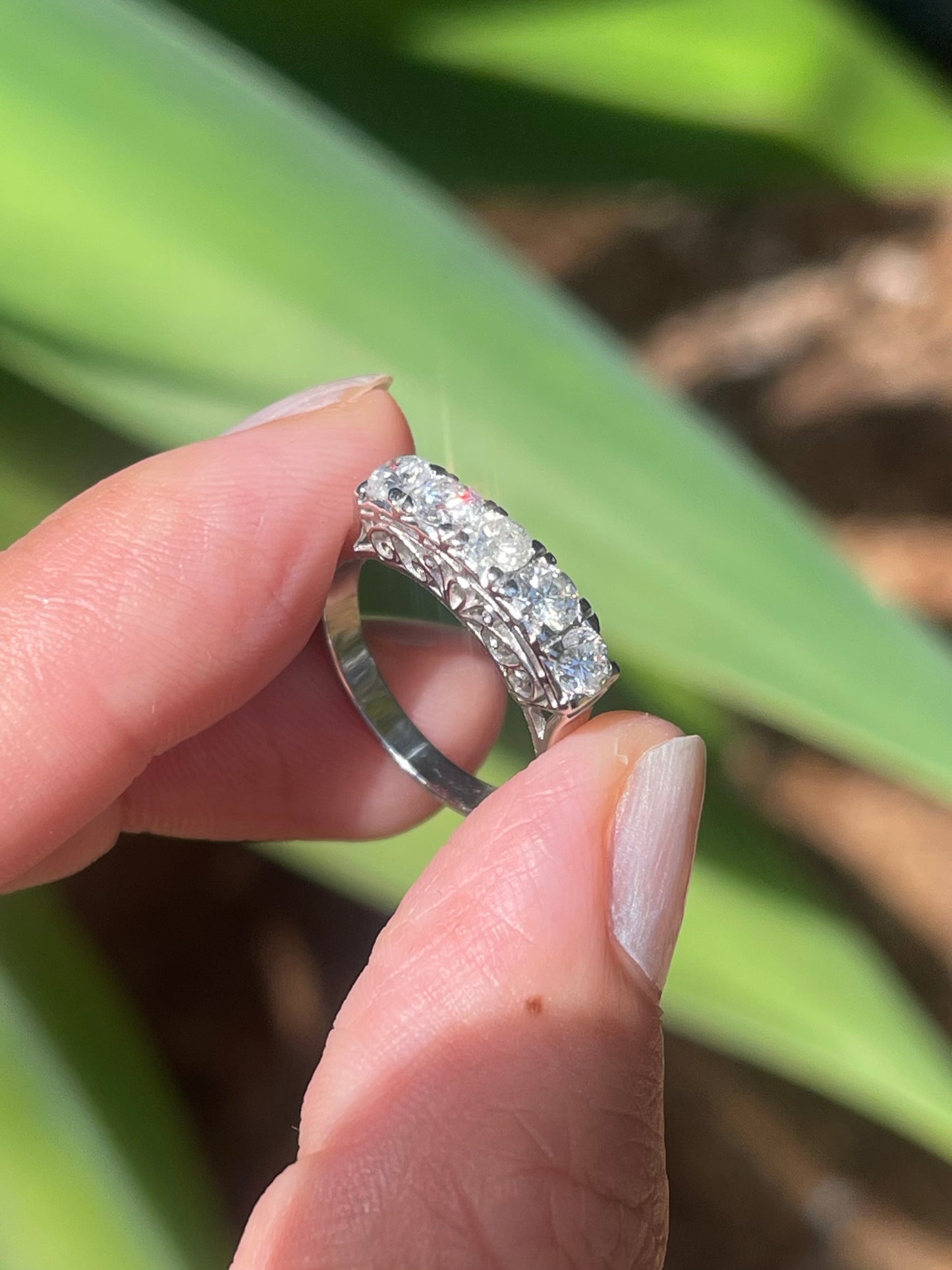 Platinum 1ct natural diamond 5 stone ring in vintage bridge filigree style