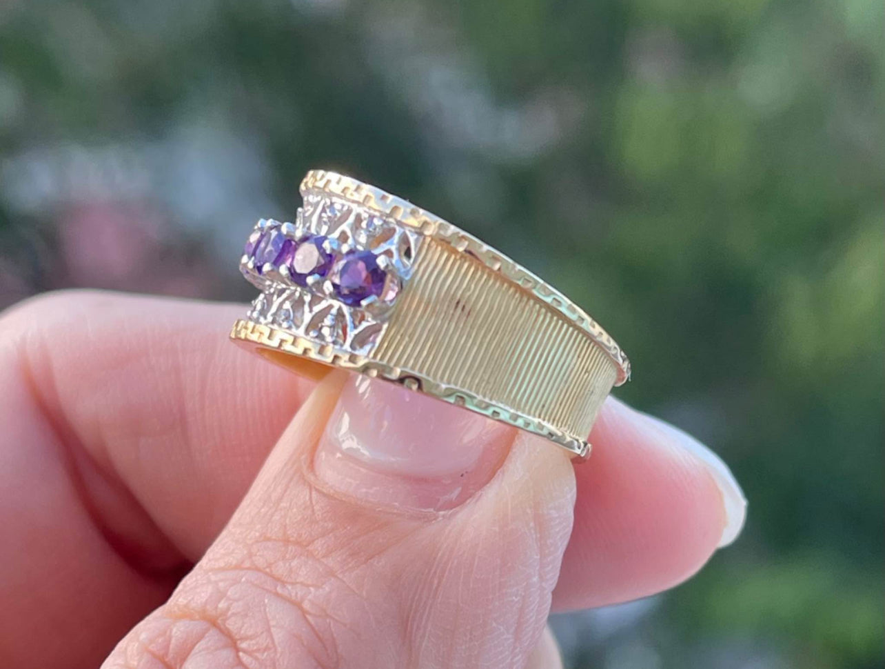 14ct Yellow White Gold Purple Amethyst Diamond Filigree Wide Band Ring