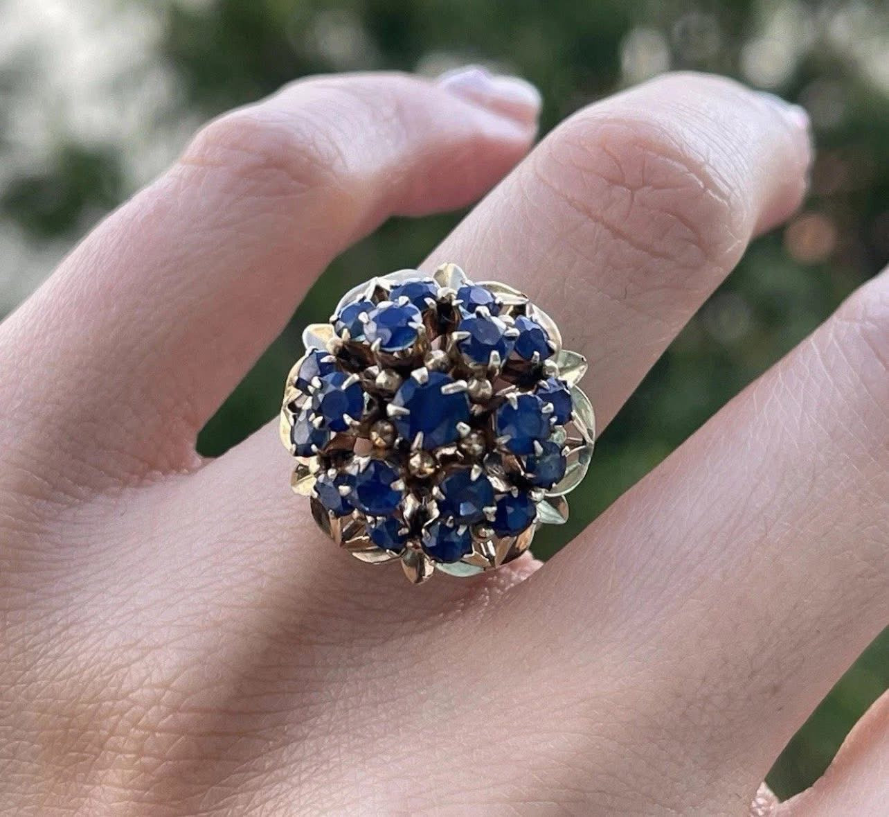Vintage 10ct Yellow Gold Tripe Halo Design Natural Blue Sapphire Cluster Ring