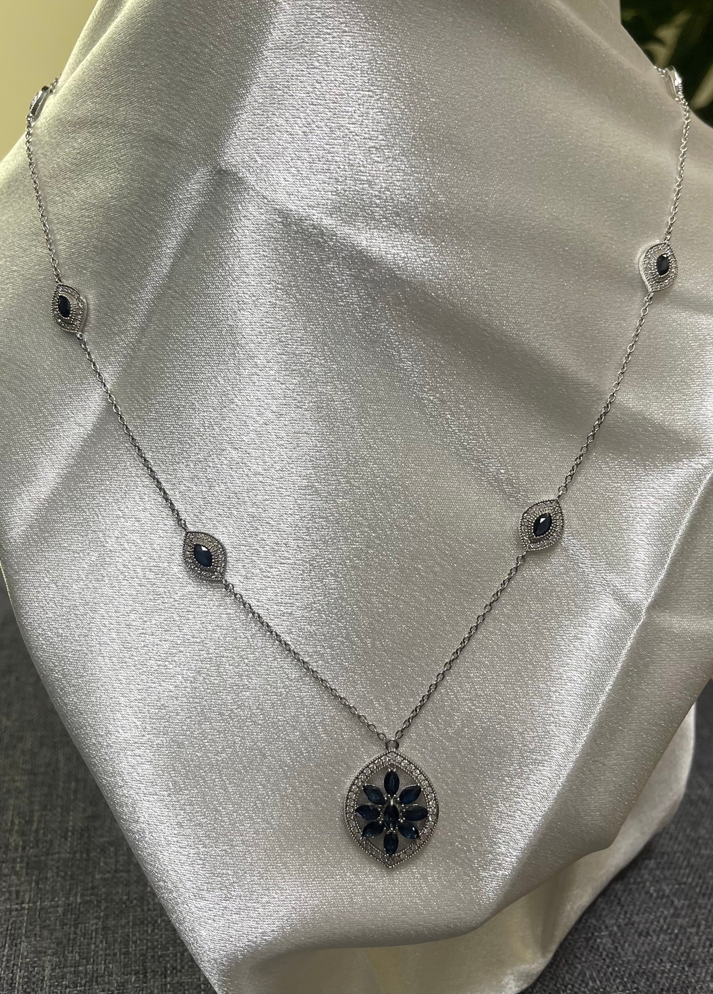 Natural Sapphire & Diamond Necklace In 14ct White Gold