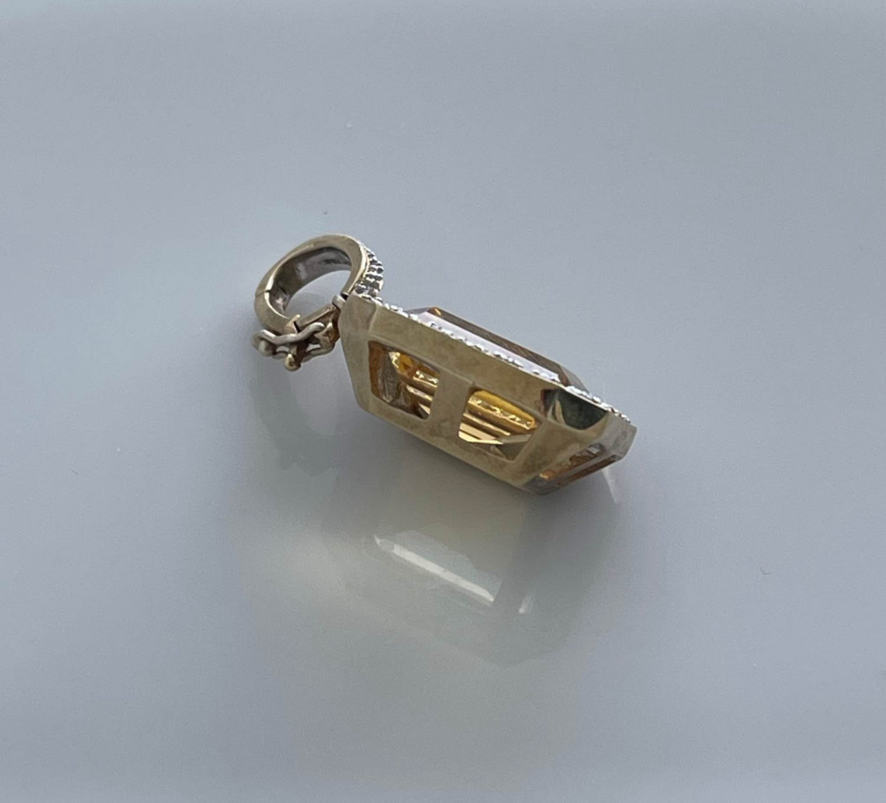 Art deco inspired 9ct yellow gold 4.35ct natural citrine diamond halo pendant