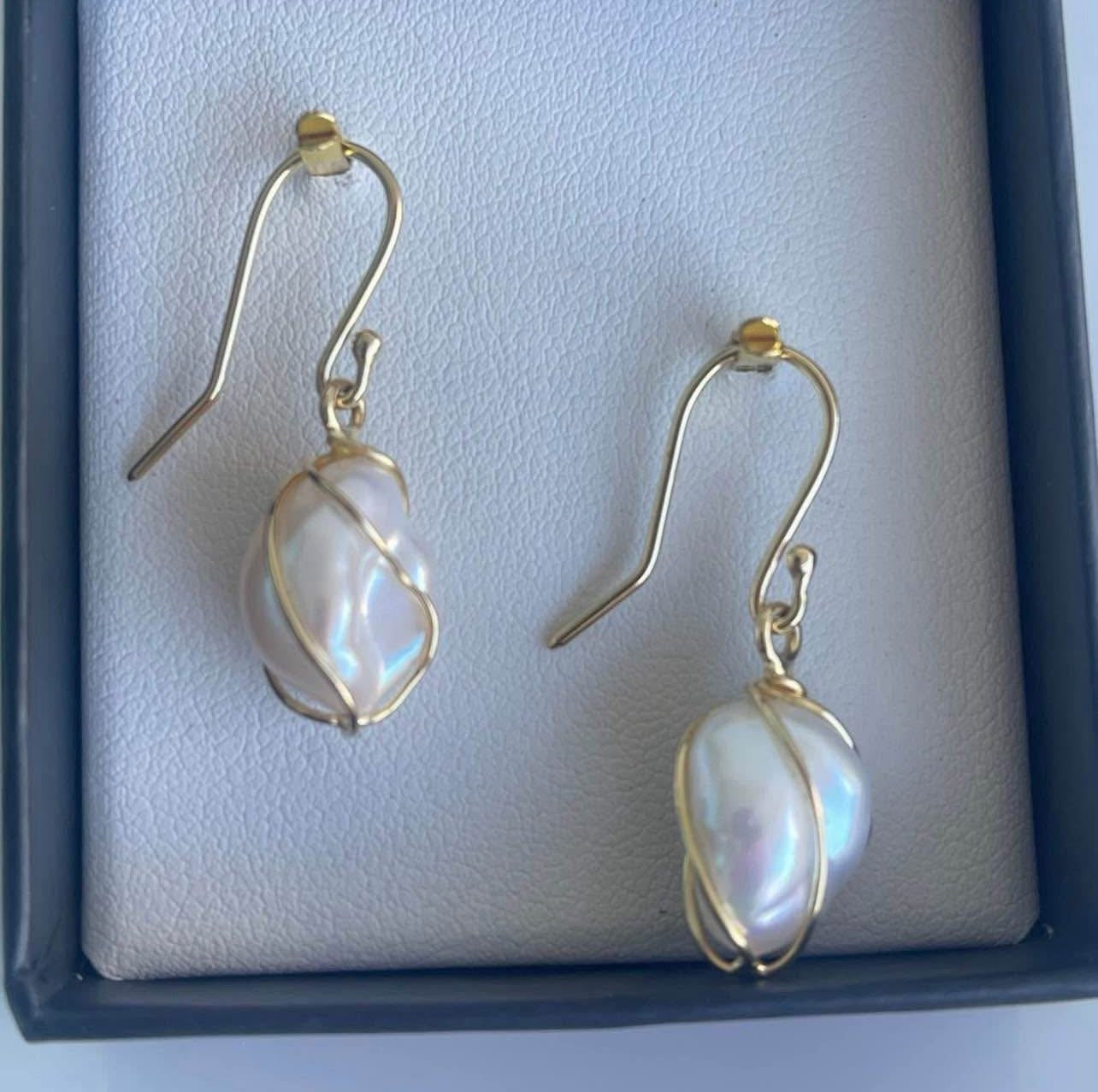 SE custom 9ct yellow gold wrap around wirework baroque pearl drop earrings