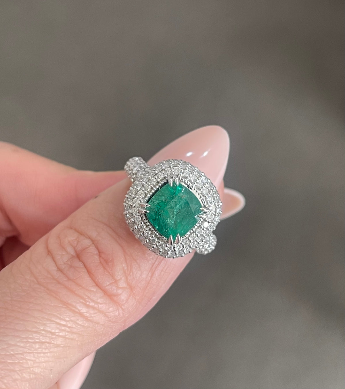 Natural Emerald Diamond Ring in 14ct White Gold