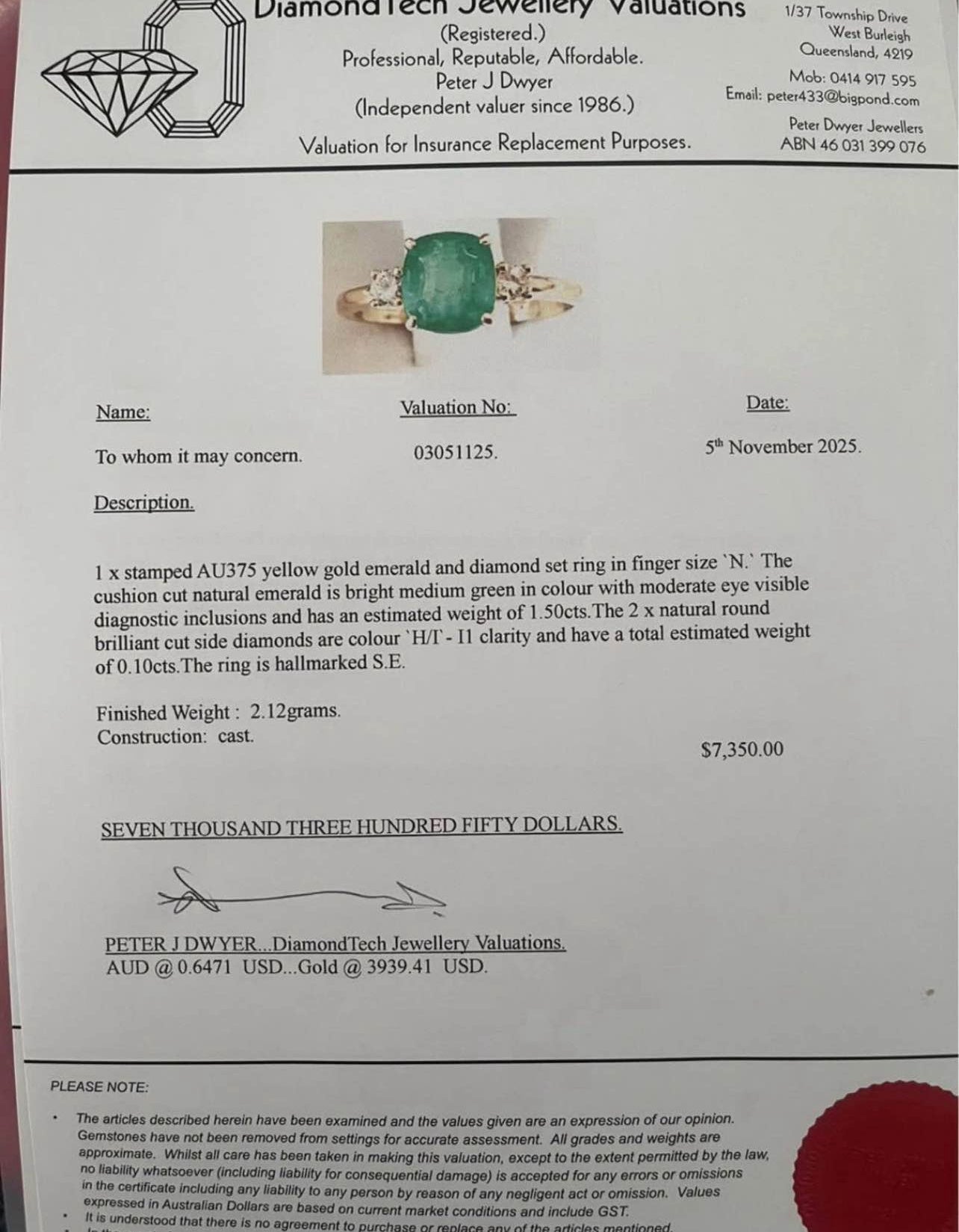 9ct yellow gold 1.5ct natural emerald with diamond 3 stone trilogy ring