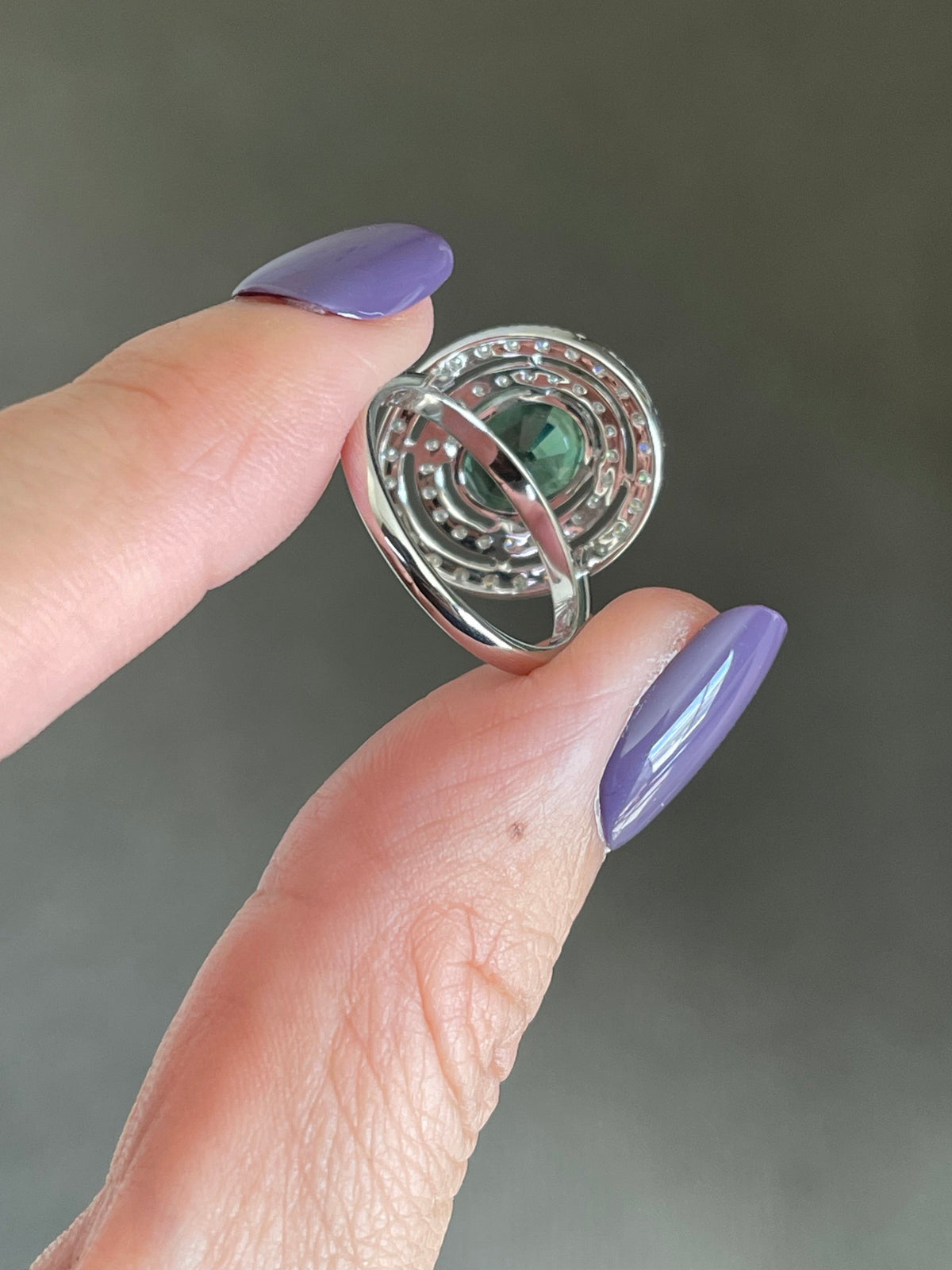 Natural Green Sapphire Diamond Halo Ring In 14ct White Gold