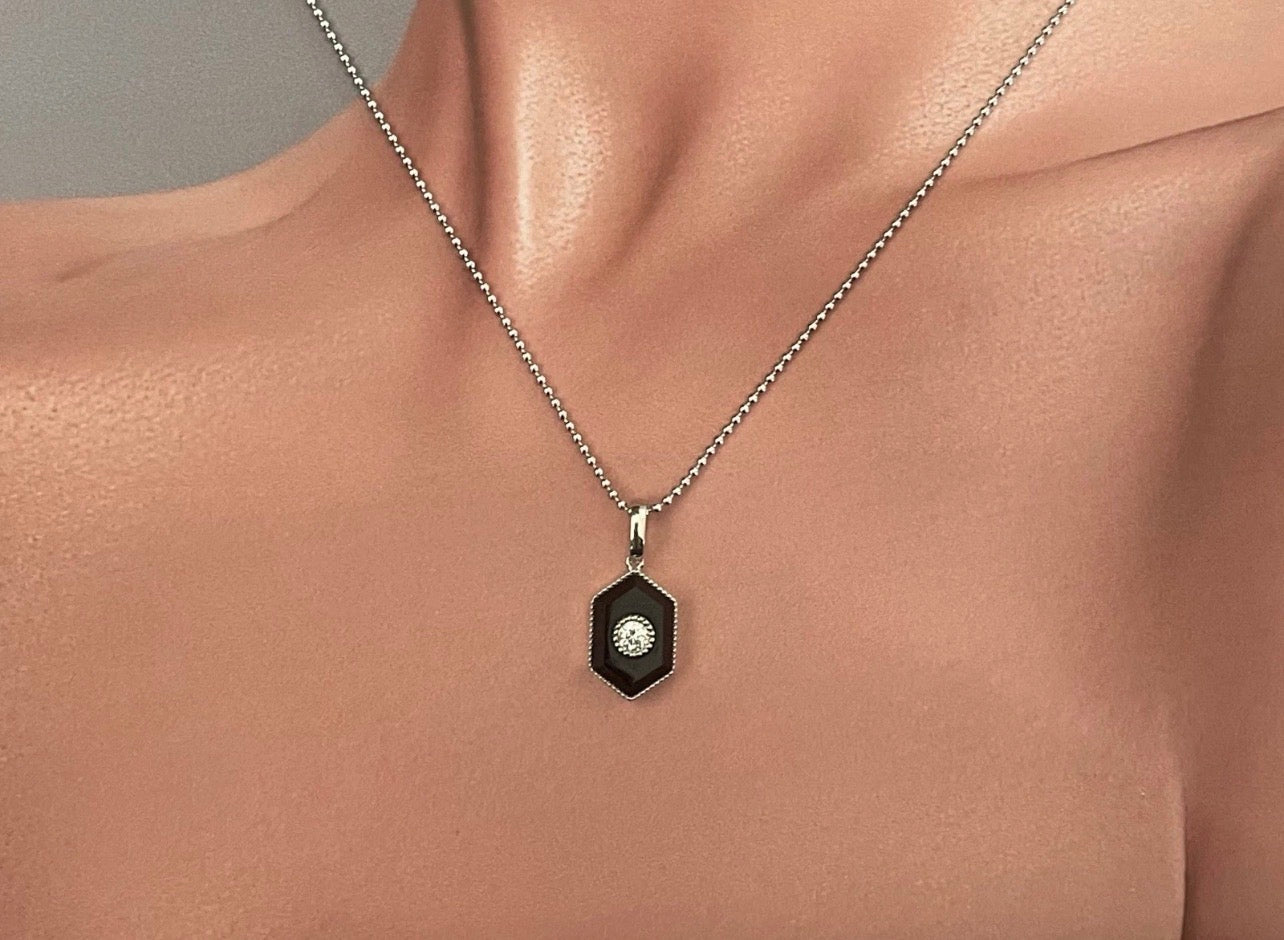 Eclipse Pendant - Onyx With Natural Diamond In 9ct White Gold