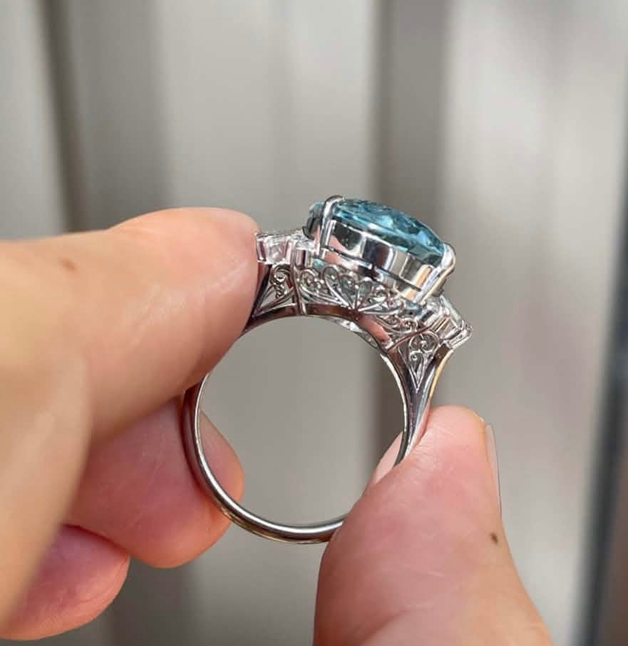 Handmade 12.16ct Natural Aquamarine Diamond Ring In Heavy 900 Platinum