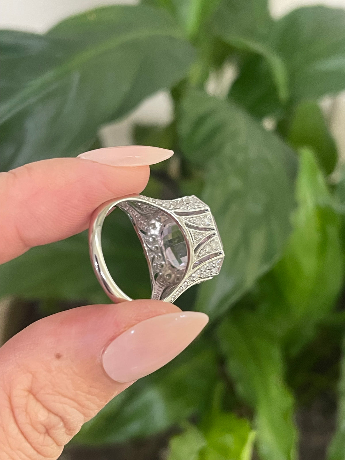 Art Deco Style 7.71ct Natural Kunzanite 1.25ct Natural Diamond Ring In 14ct White Gold