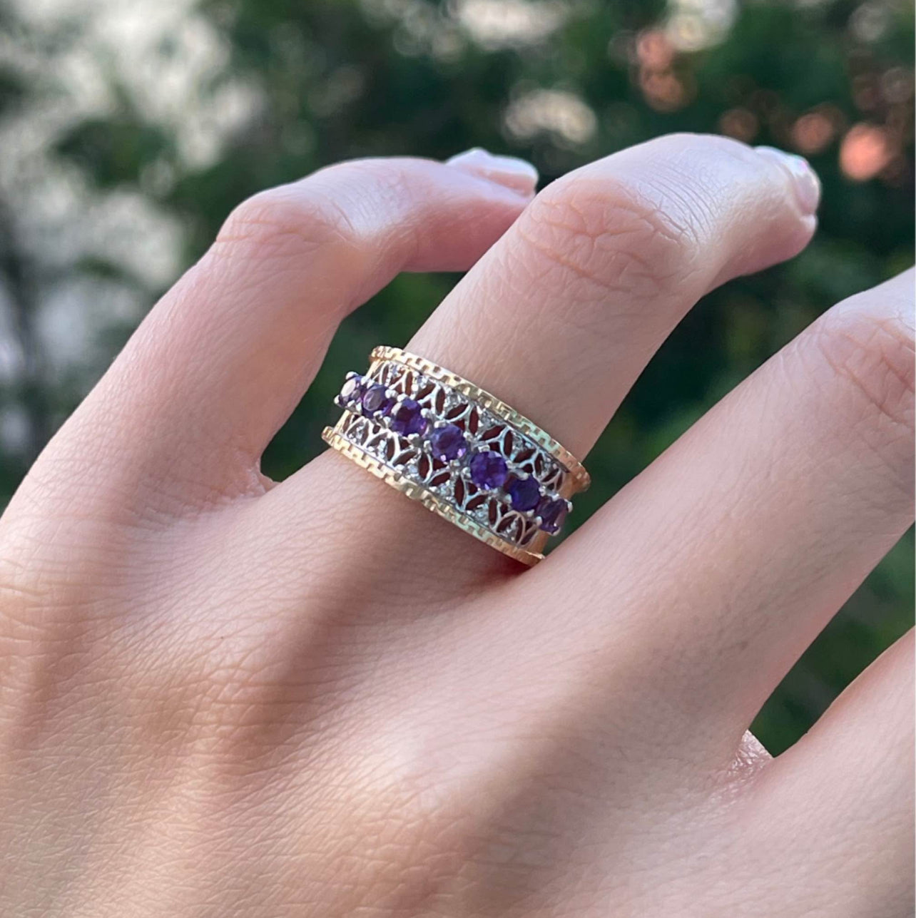 14ct Yellow White Gold Purple Amethyst Diamond Filigree Wide Band Ring