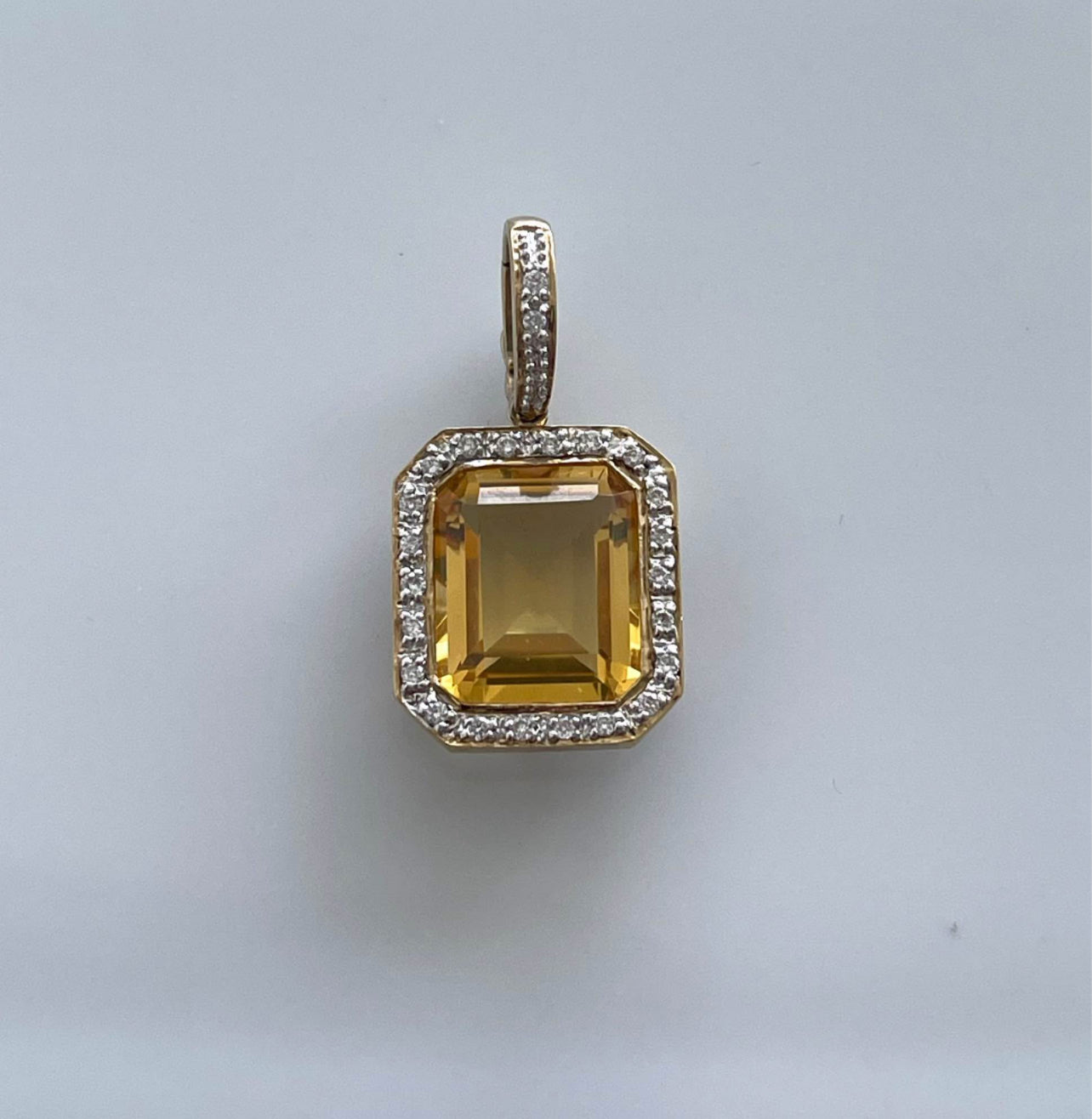 Art deco inspired 9ct yellow gold 4.35ct natural citrine diamond halo pendant