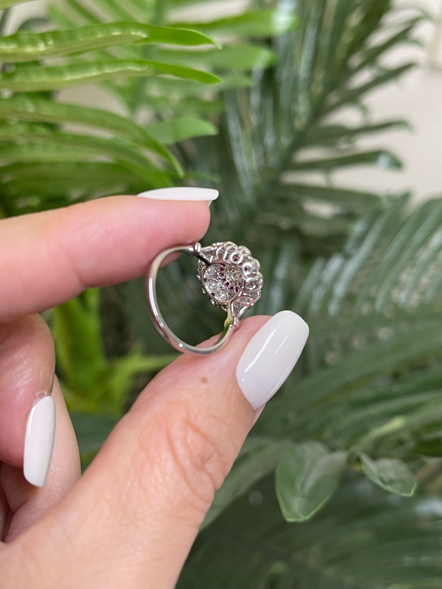 Art Deco Inspired Old Cut Damond & Ruby Ring In 14ct White Gold