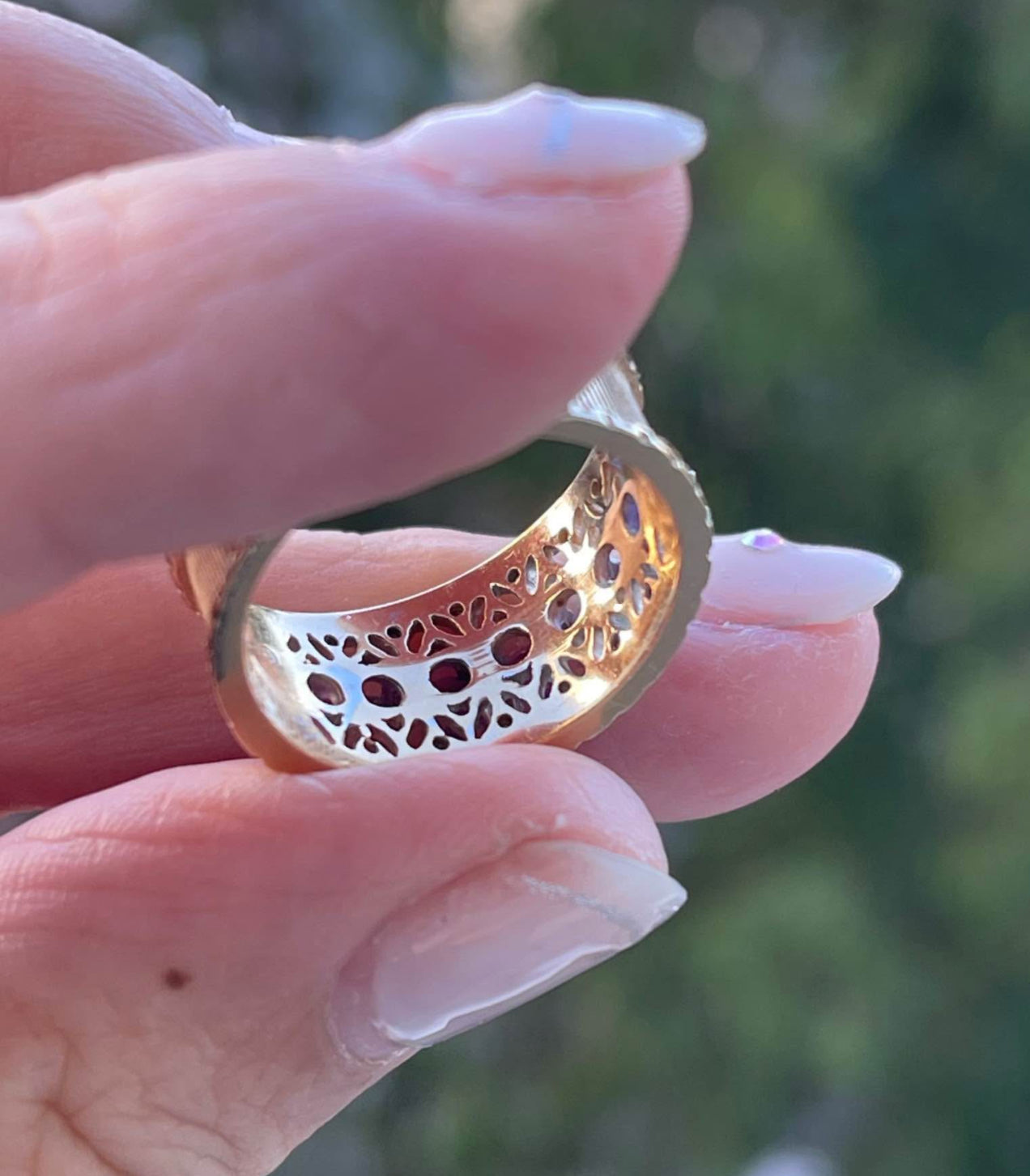 14ct Yellow White Gold Purple Amethyst Diamond Filigree Wide Band Ring
