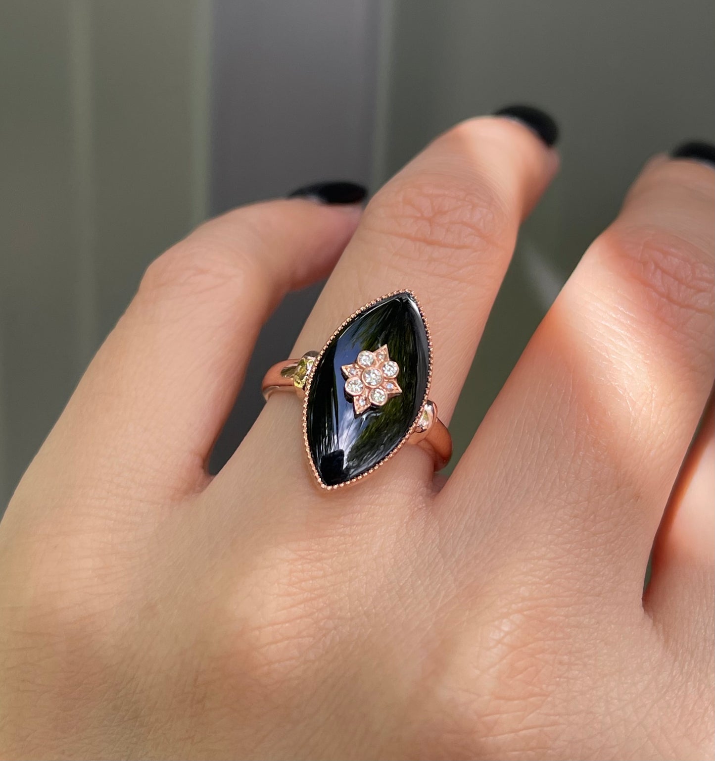 Navette Diamond Flower Pattern Onyx Ring In 9ct Rose Gold