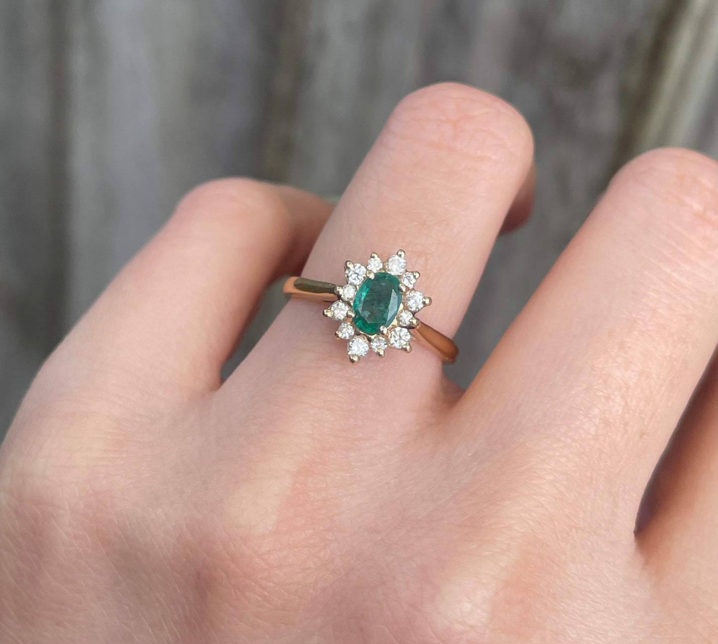 Vintage Natural Emerald Diamond Halo Ring in 14ct Yellow Gold