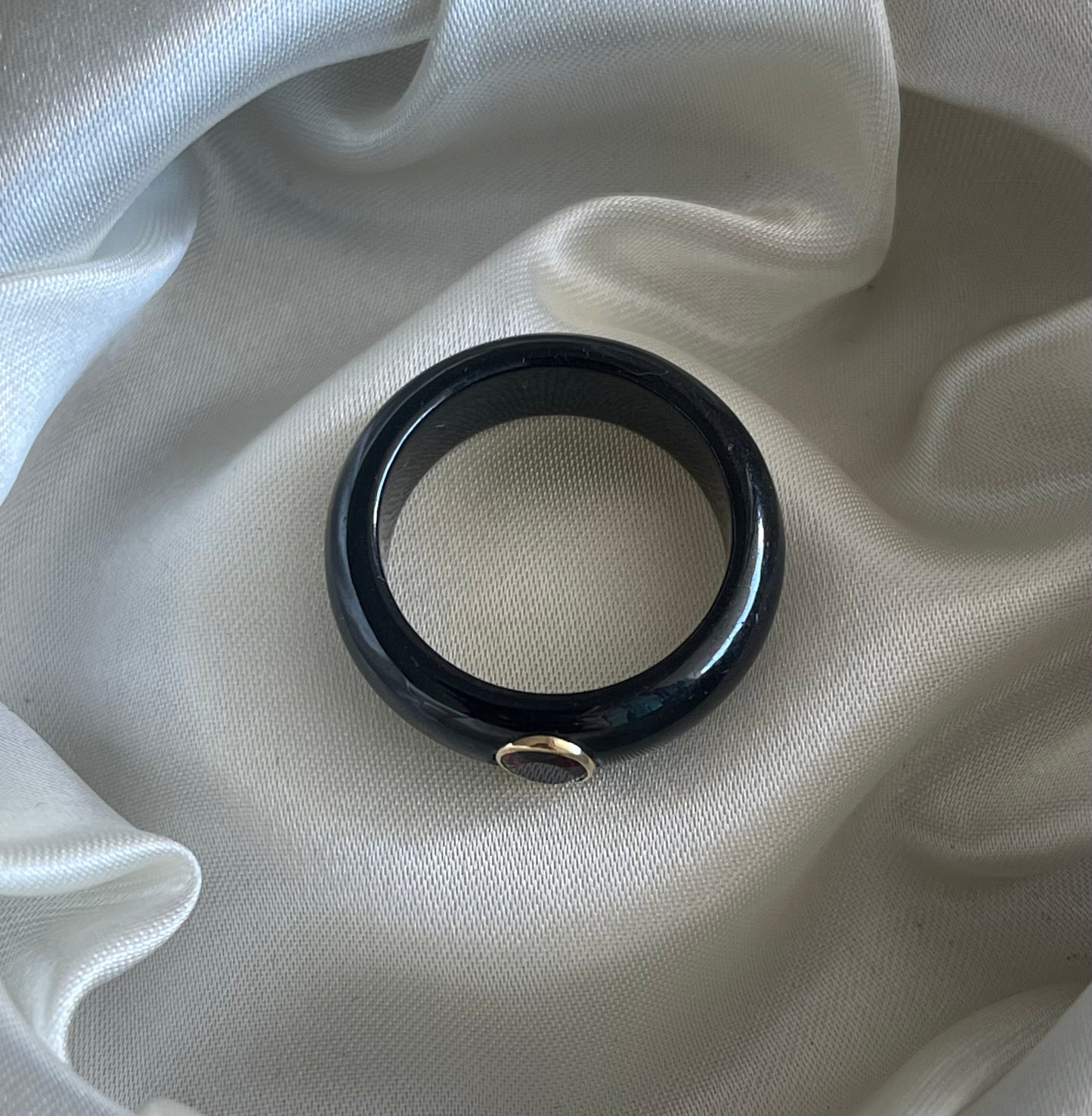 S.E. custom Natural black jade ring with earthy red garnet in 9ct yellow gold