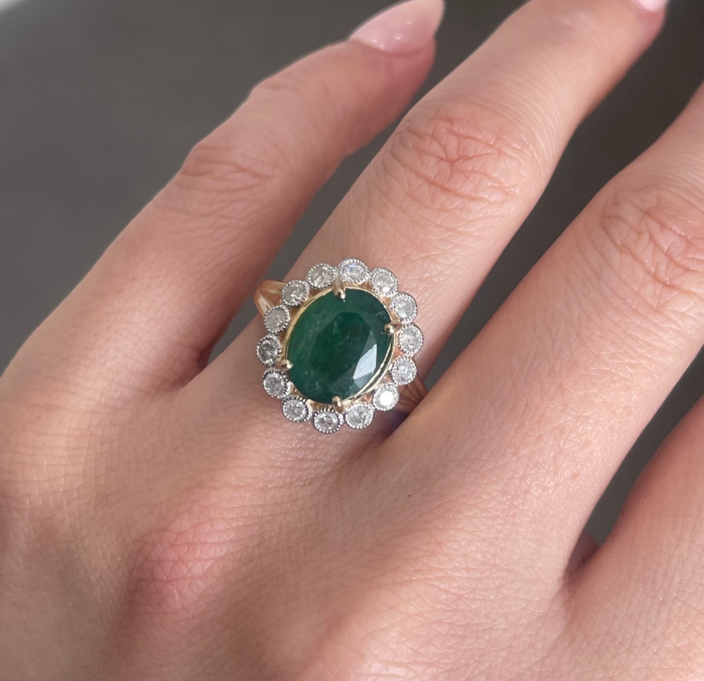 Natural Emerald Diamond Halo Ring In 14ct Yellow Gold