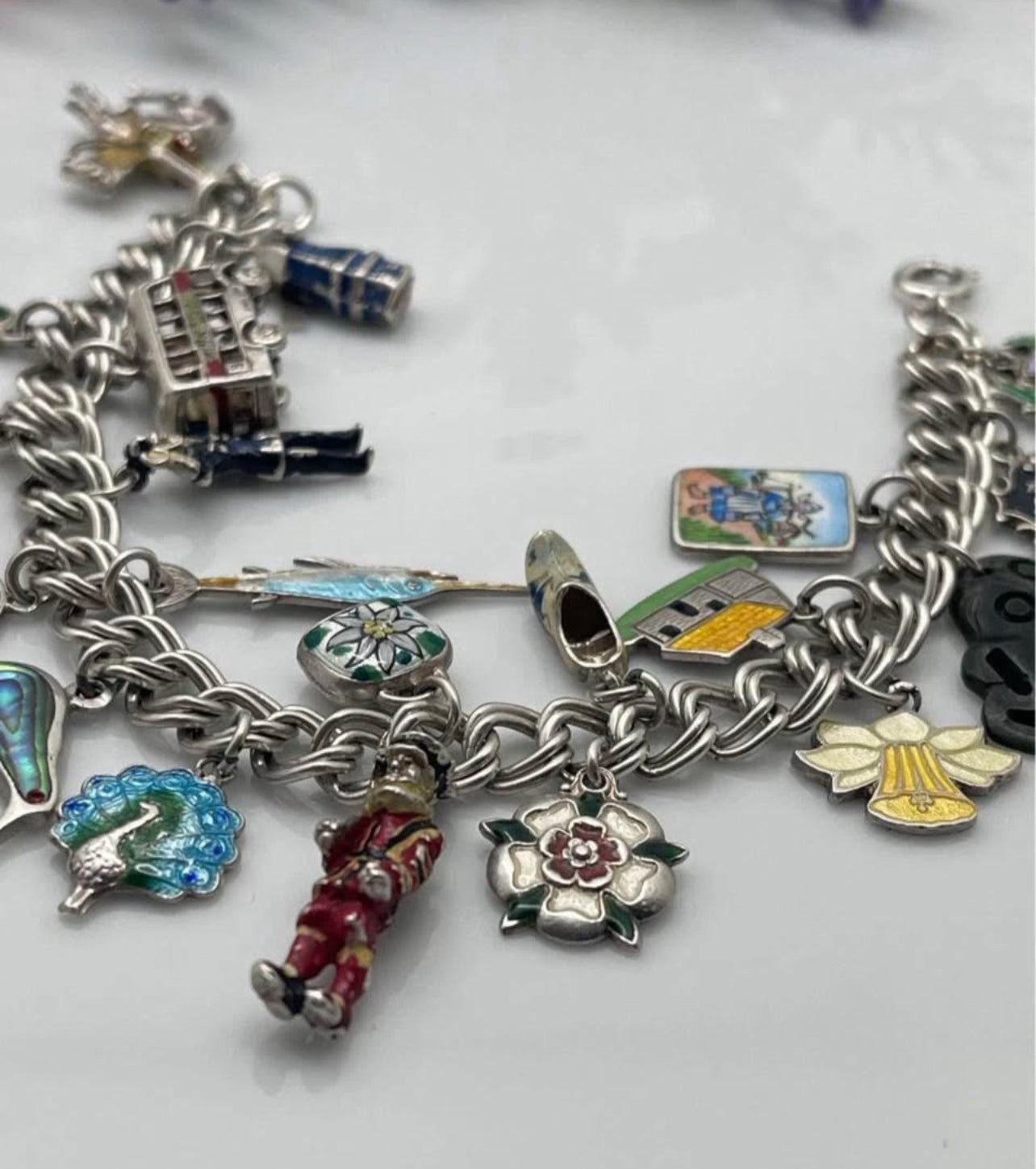 42g vintage sterling silver doubel curb link enamel charm bracelets
