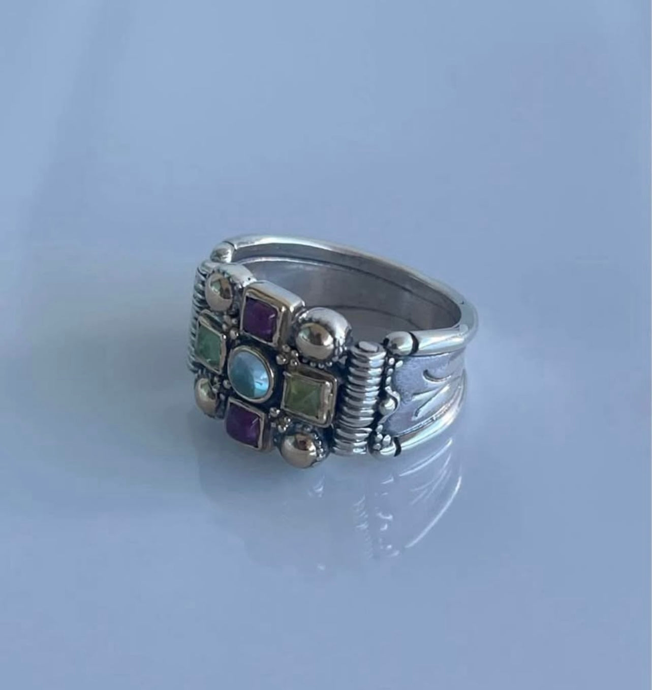 18ct yellow gold & sterling silver aquamarine & tourmaline wide band