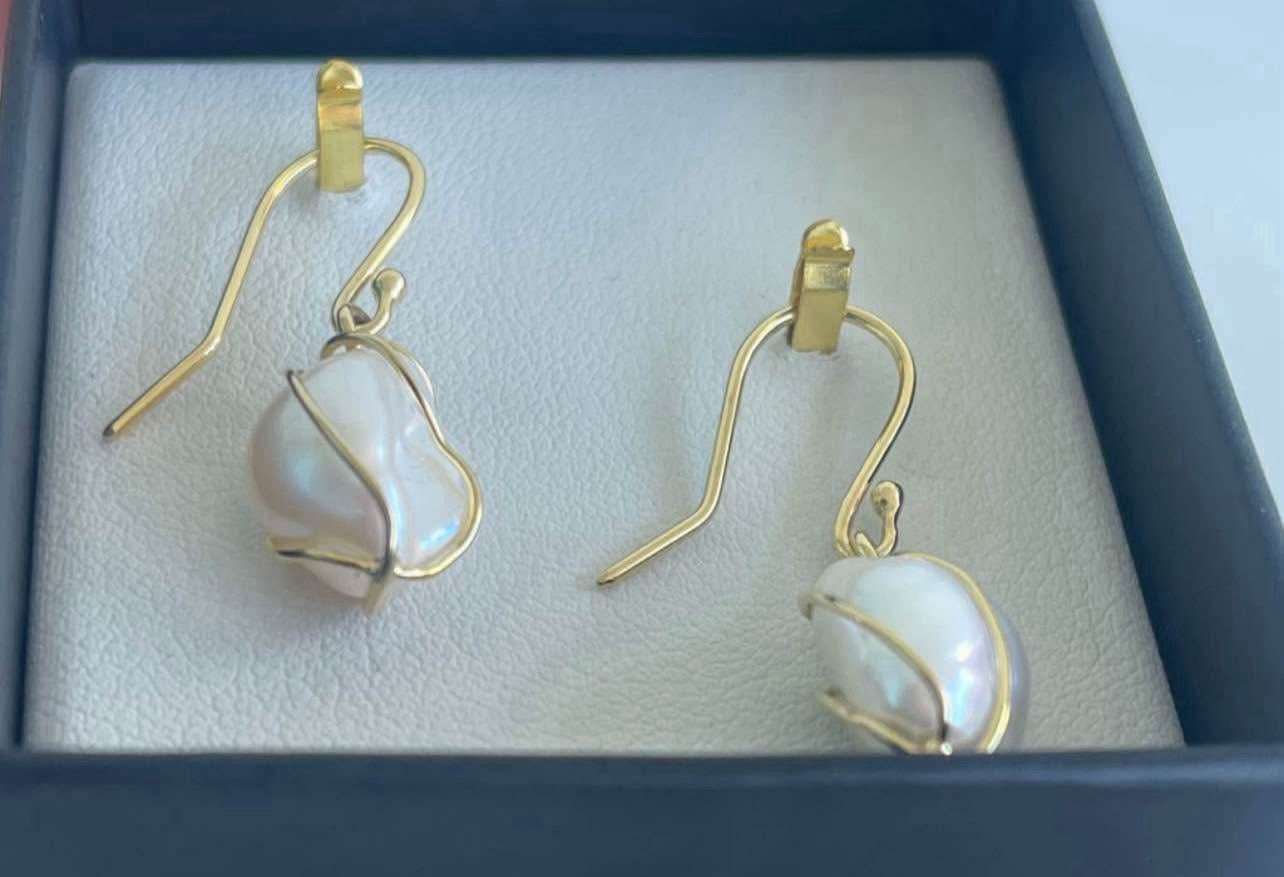 SE custom 9ct yellow gold wrap around wirework baroque pearl drop earrings