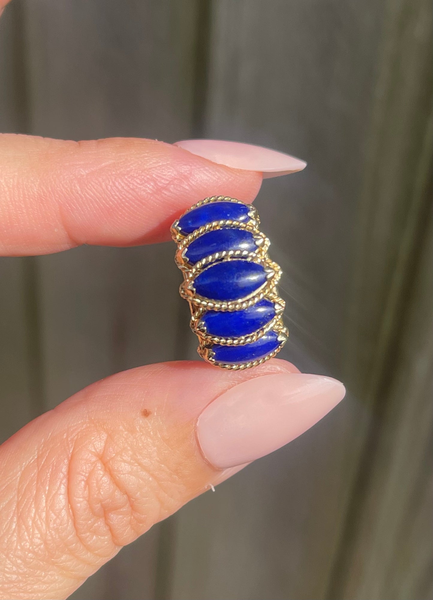 Vintage 5 Stone Marquise Cut Lapis Ring In 14ct Yellow Gold