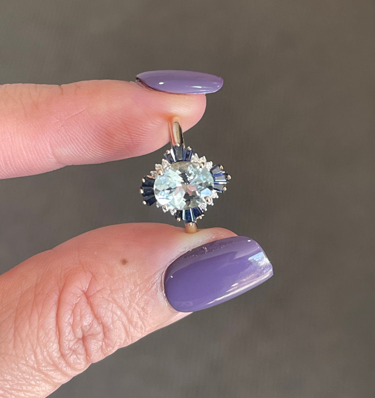 Vintage Style Natural Aquamarine Blue Sapphire Diamond Ring In 14ct Yellow Gold