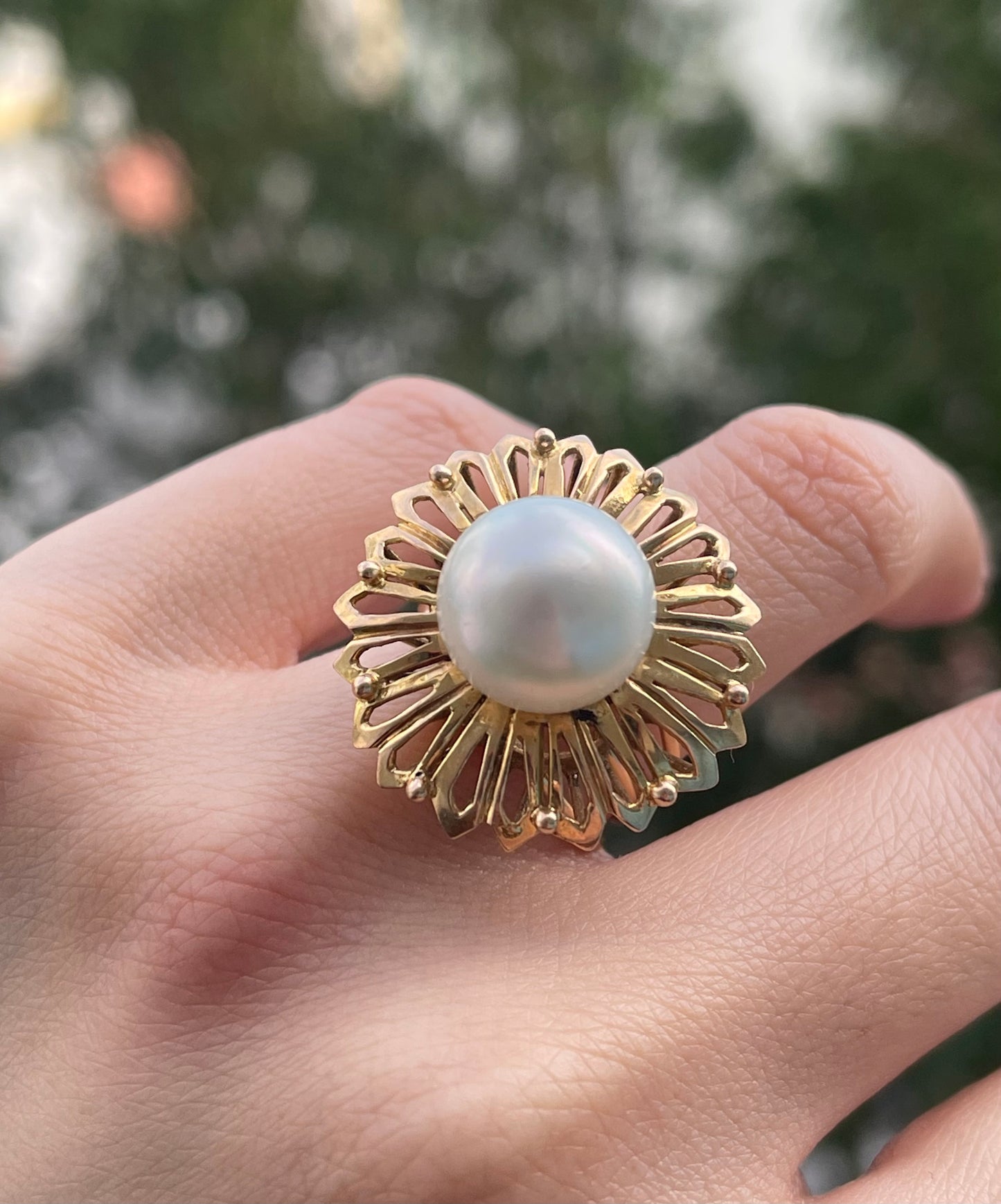 Vintage estate 9ct yellow gold genuine pearl sunflower ring