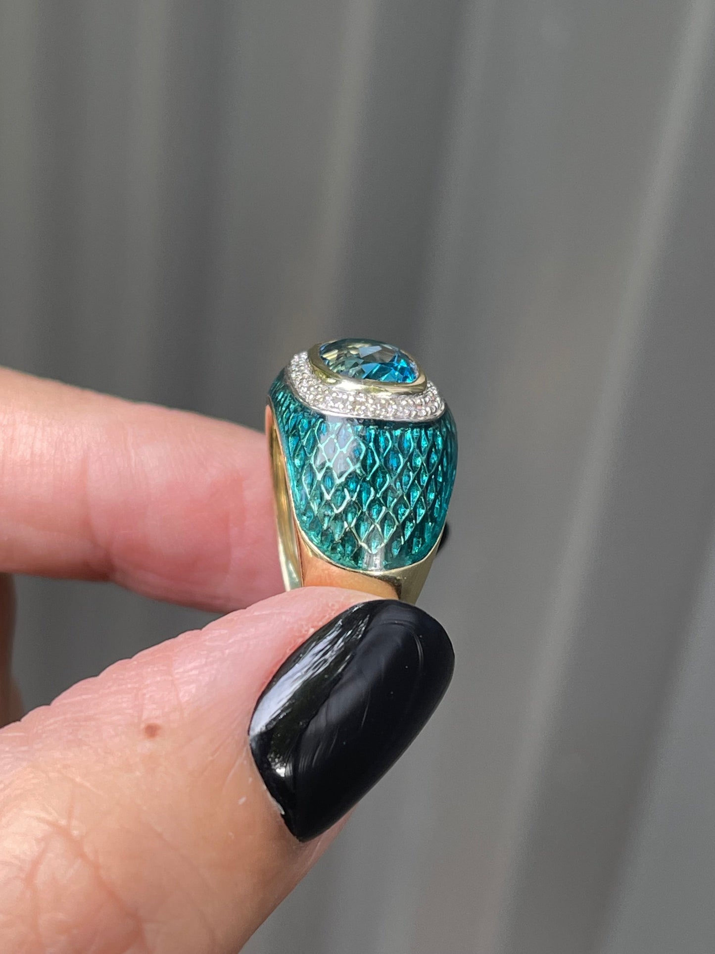 Blue Topaz & Diamond Snakeskin Pattern Enamel Ring in 14ct Yellow Gold