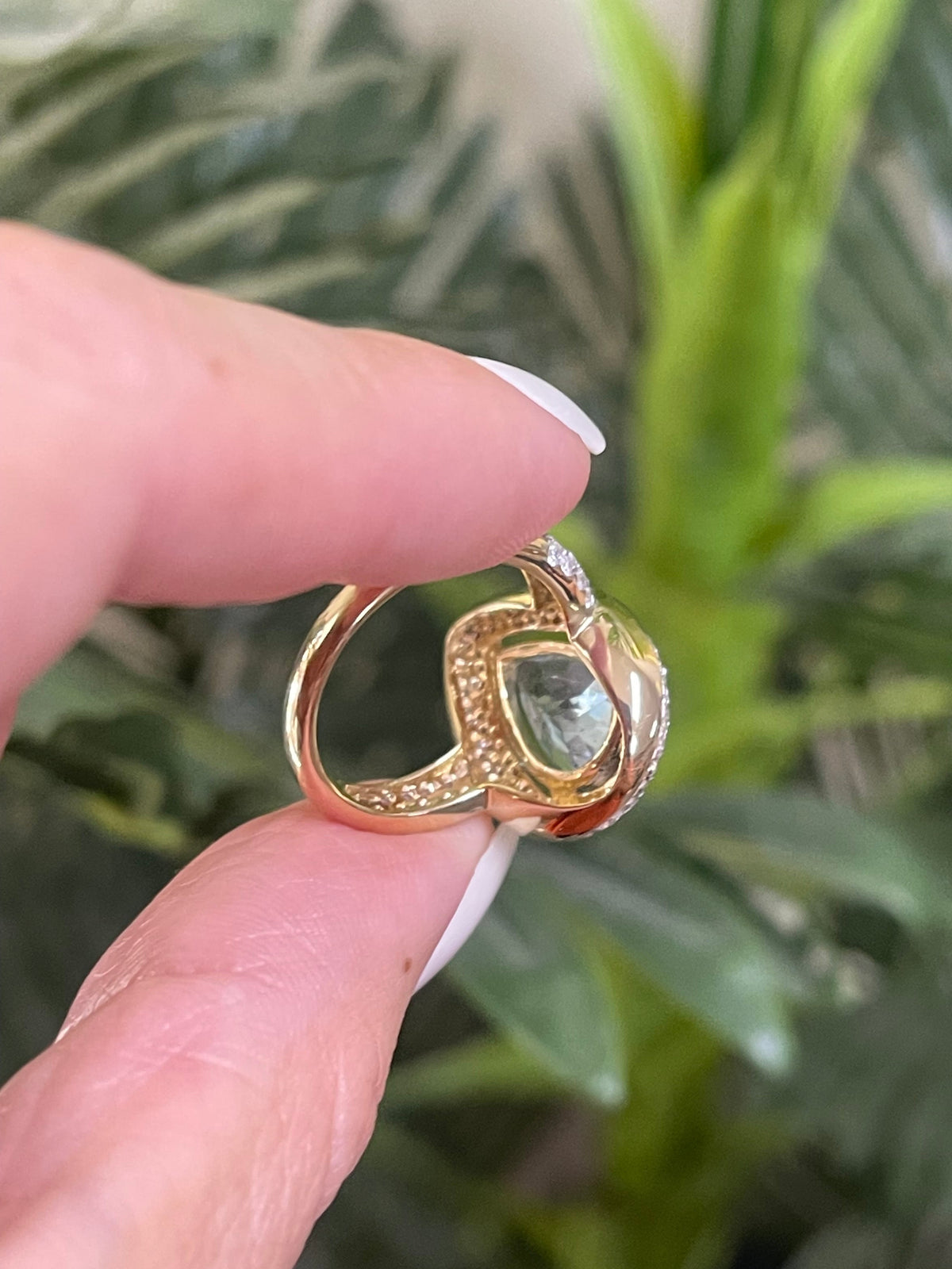 Natural Aquamarine & Diamond Halo Ring In 14ct Yellow Gold