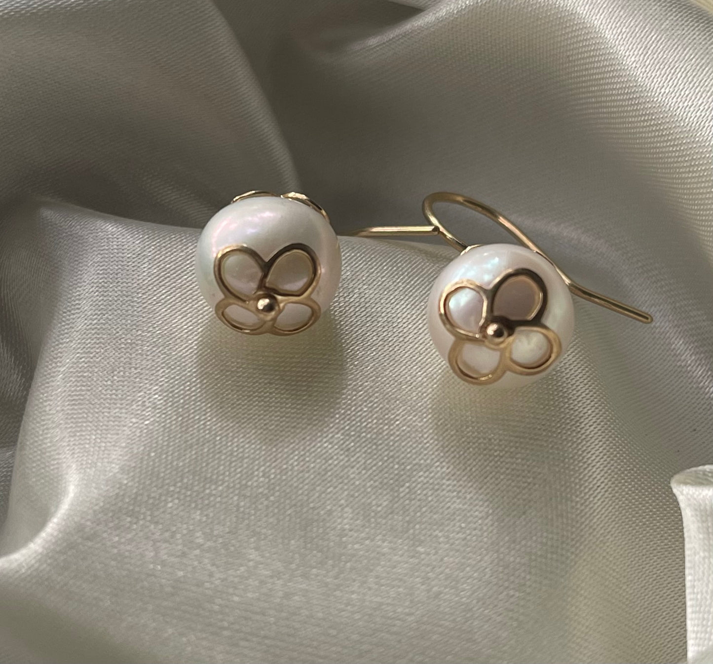 New Pearl Drop Earrings With Flower Detailing In 9ct Yellow Gold