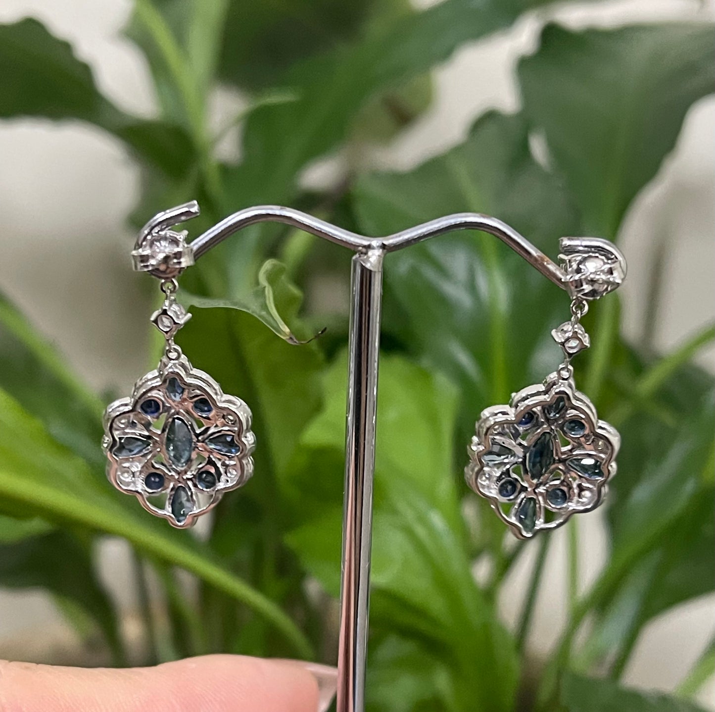 Art Deco Style 4.07ct Natural Sapphire & Diamond Drop Earrings In 14ct White Gold