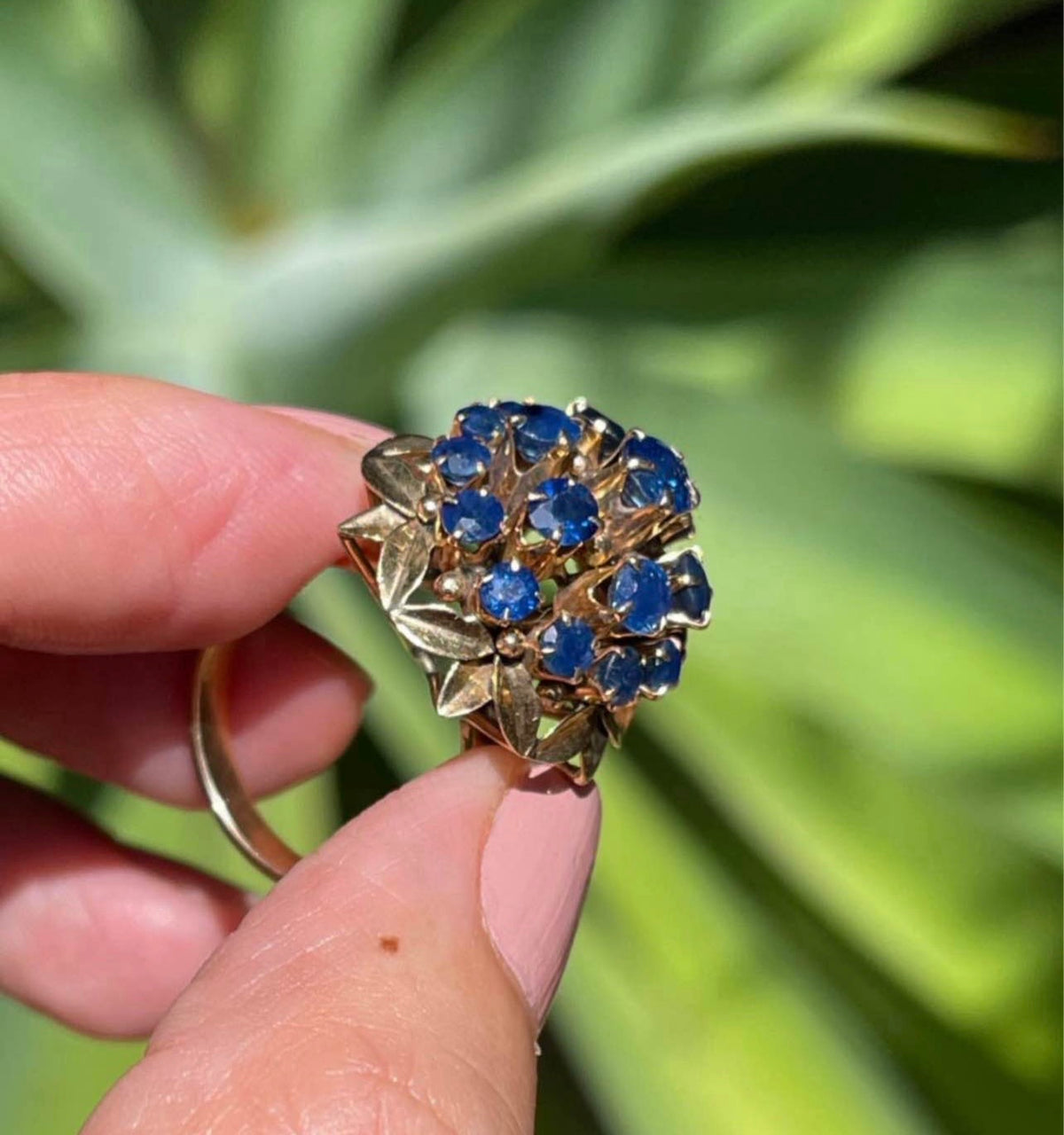 Vintage Triple Halo Natural Blue Sapphire Cluster Ring in 10ct Yellow Gold