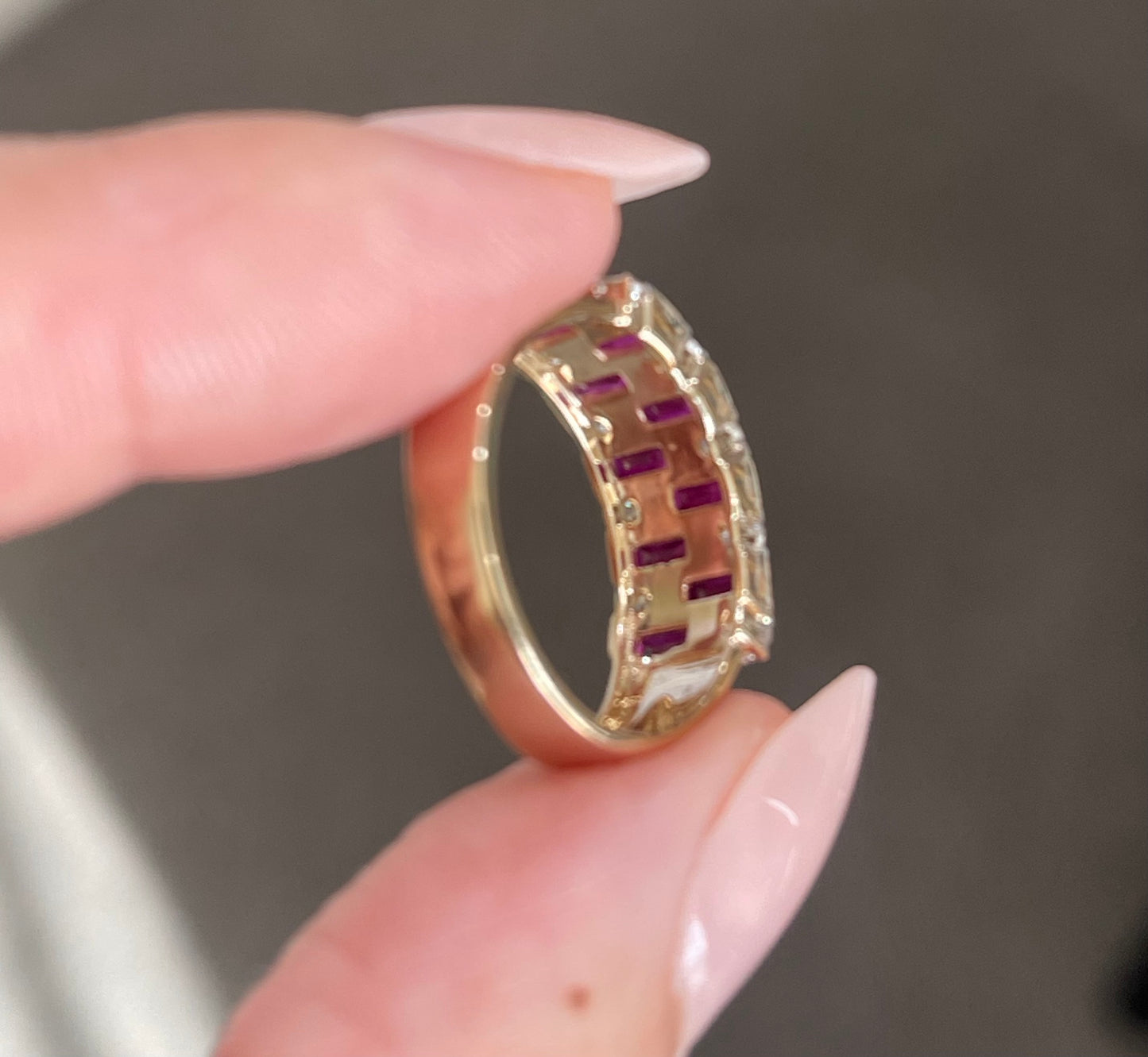 Natural Ruby Diamond Geometric Ring In 14ct Yellow Gold