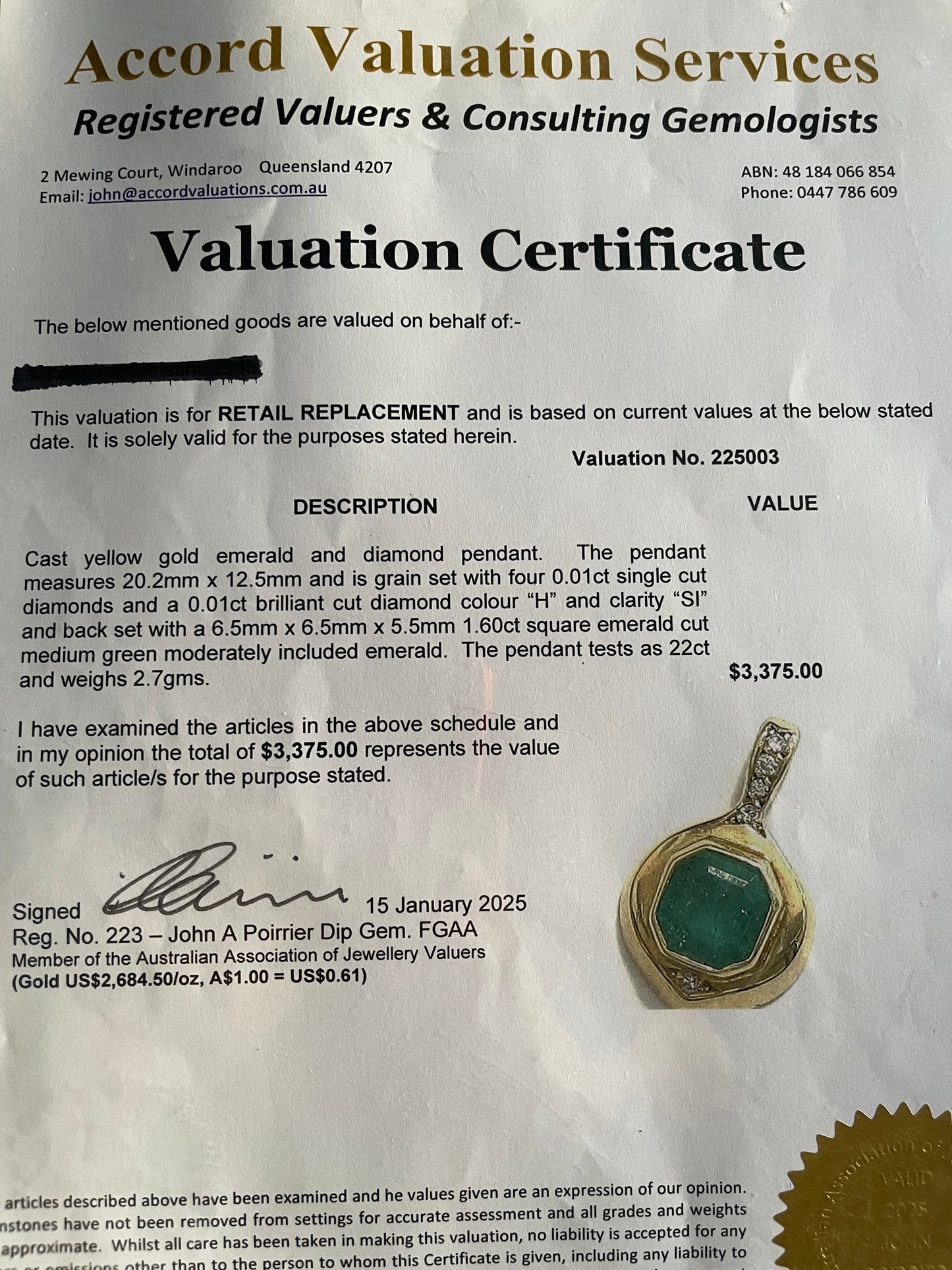 Vintage 1.6ct Emerald Diamond Pendant In 22ct Yellow Gold (no chain)