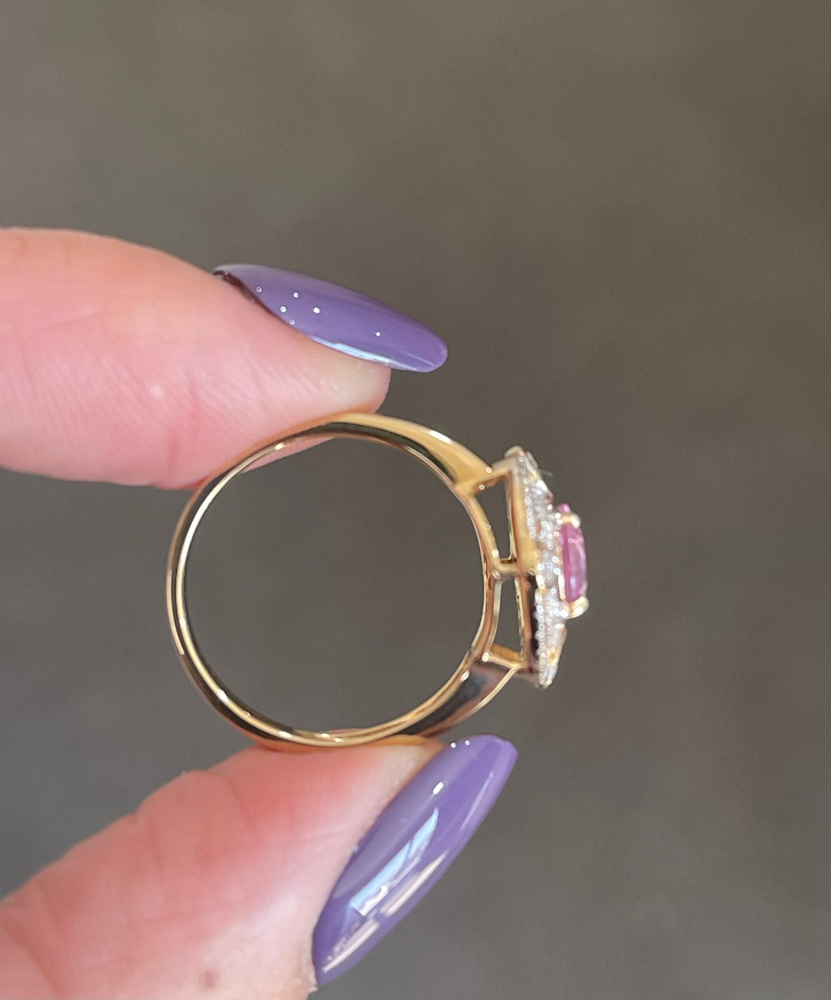 Art Deco Style Natural Pink Sapphire Diamond Halo Ring In 14ct Yellow Gold