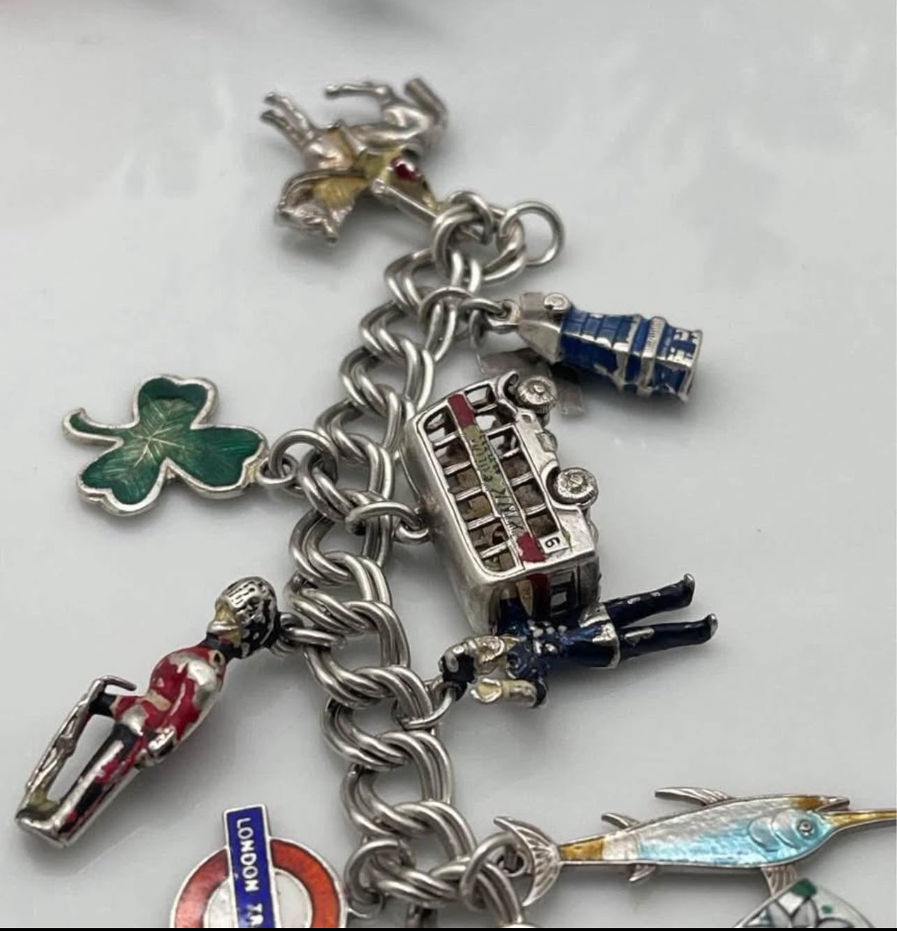 42g vintage sterling silver doubel curb link enamel charm bracelets