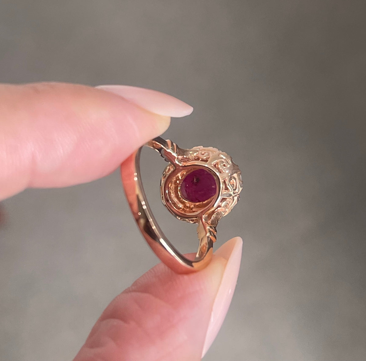 Vintage Style Natural Ruby Diamond Halo Ring in 14ct Rose Gold