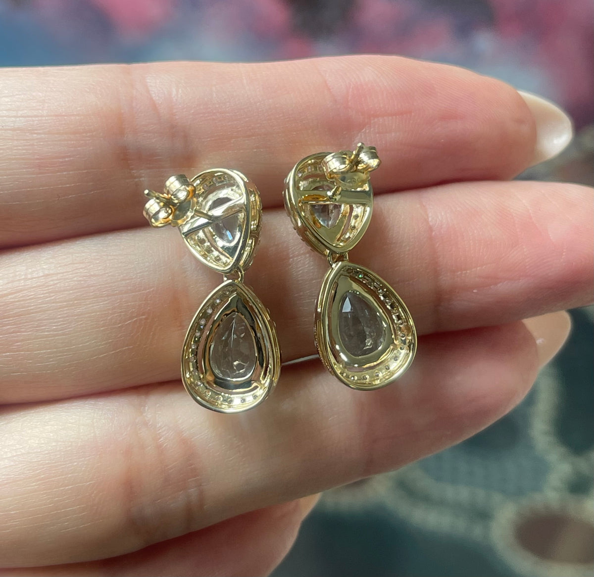 3.74ct Natural Aquamarine Diamond Halo Drop Earrings In 14ct Yellow Gold