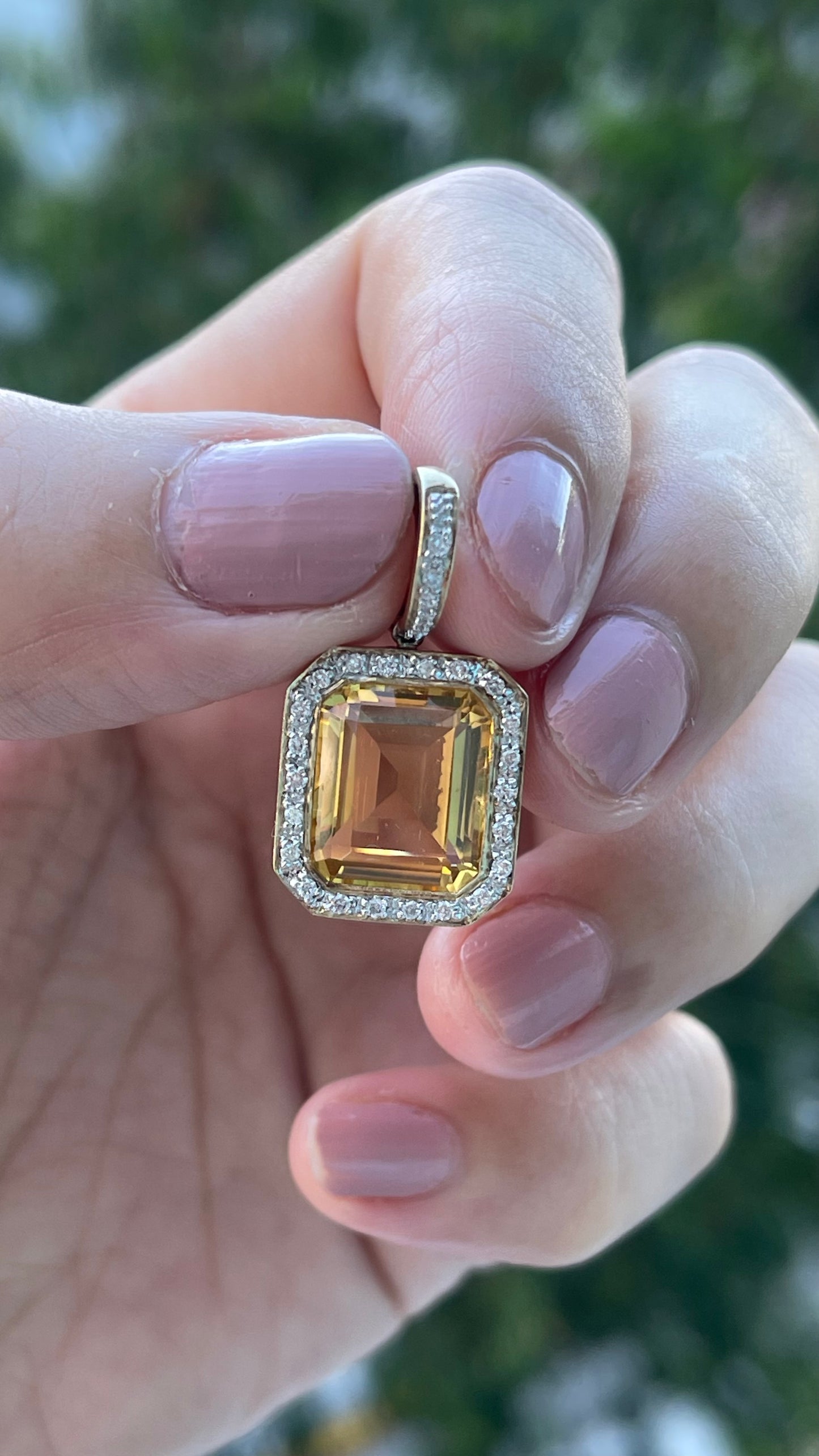 Art deco style 9ct yellow natural citrine diamond halo pendant