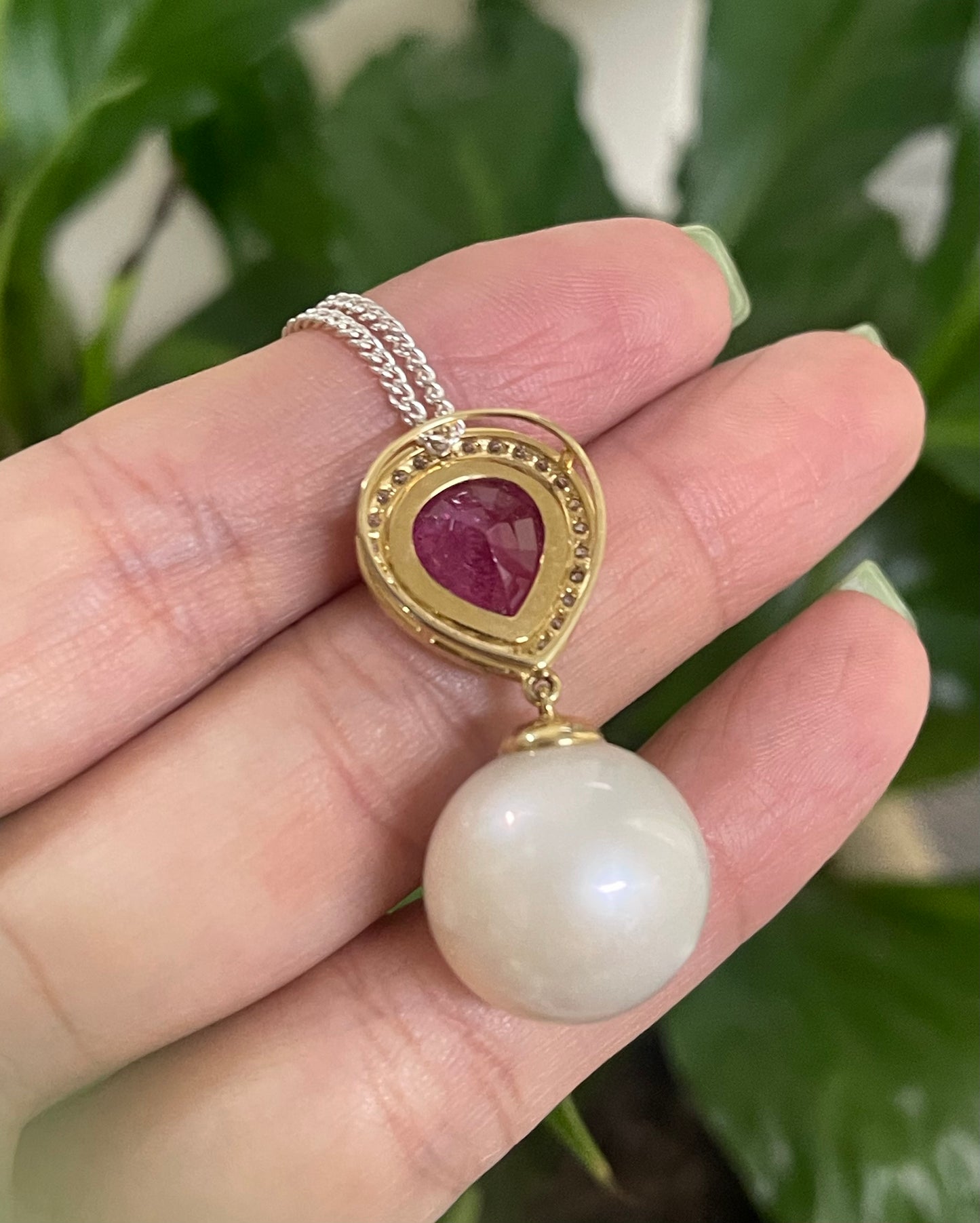 Genuine South Sea Pearl & Tourmaline Diamond Pendant In 14ct Yellow Gold ( No Chain)