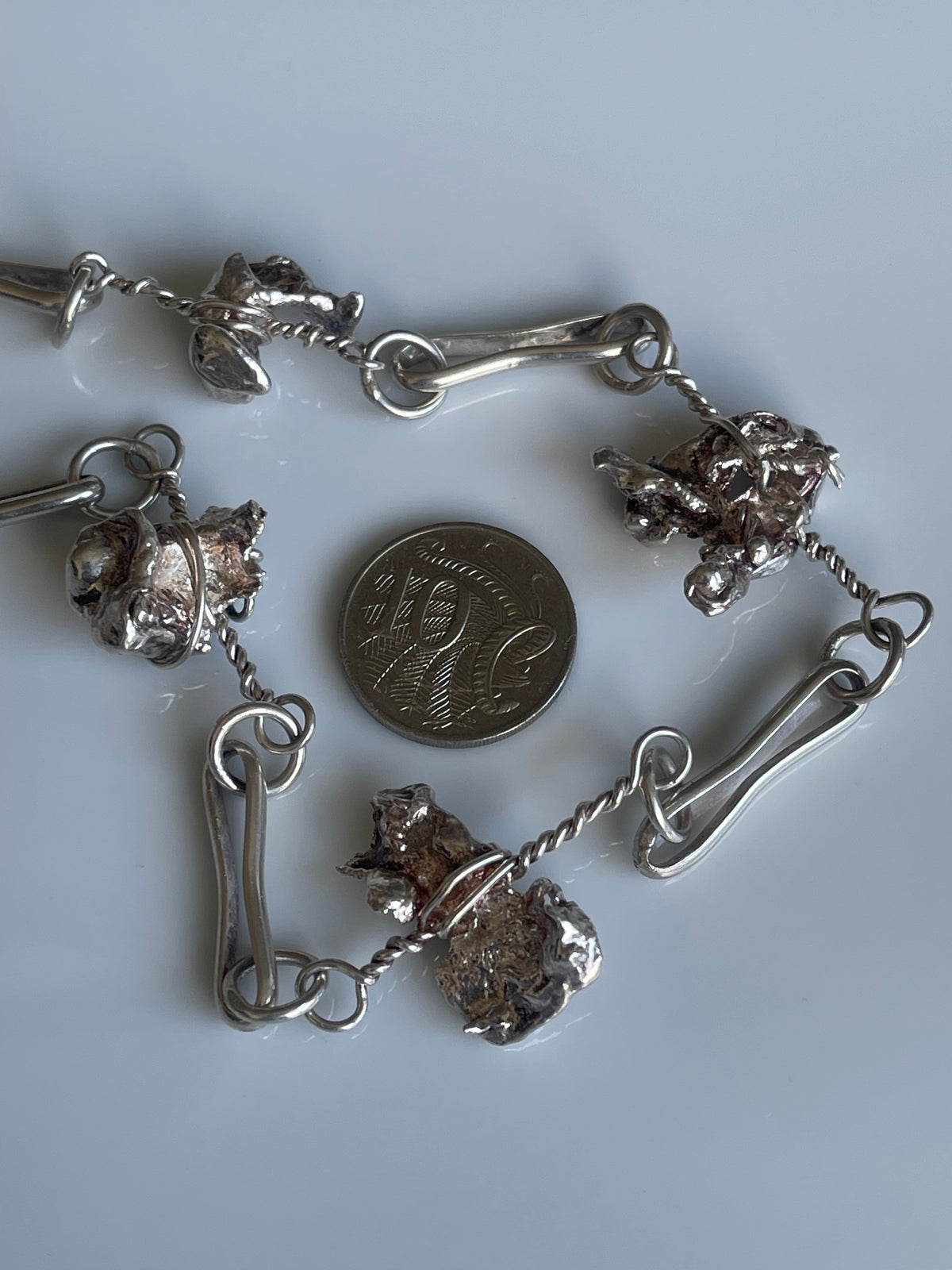 Vintage 70grams 66cm money bag / nugget chain necklace In Sterling Silver