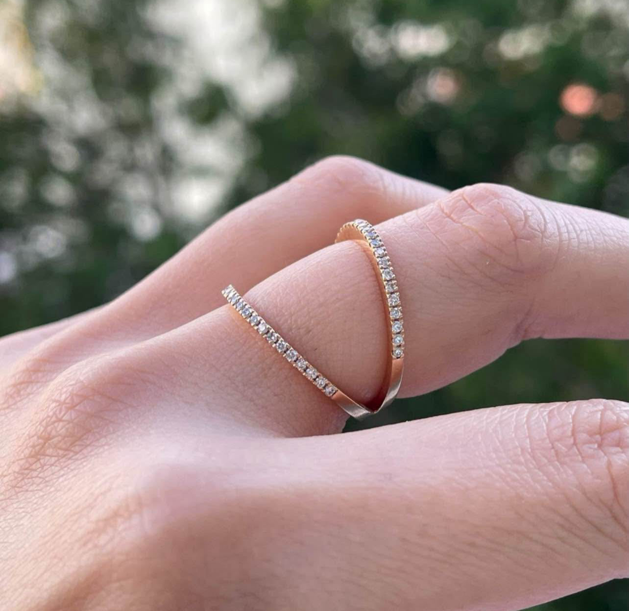 Modern 18ct rose gold diamond V ring by Shannakian