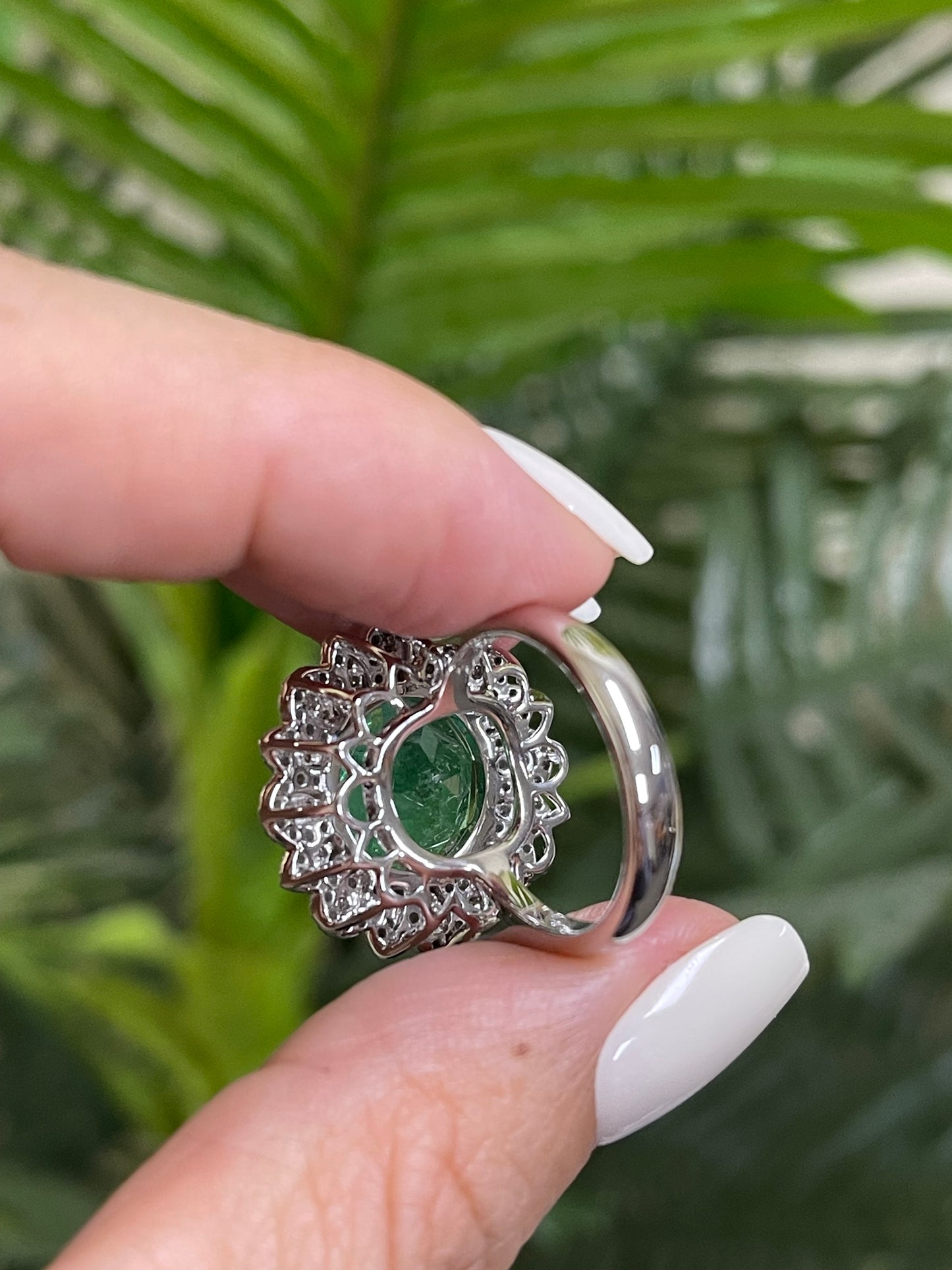 10.6ct Natural Colombian Emerald & 2.28ct Natural Diamond Flower Ring In 14ct White Gold