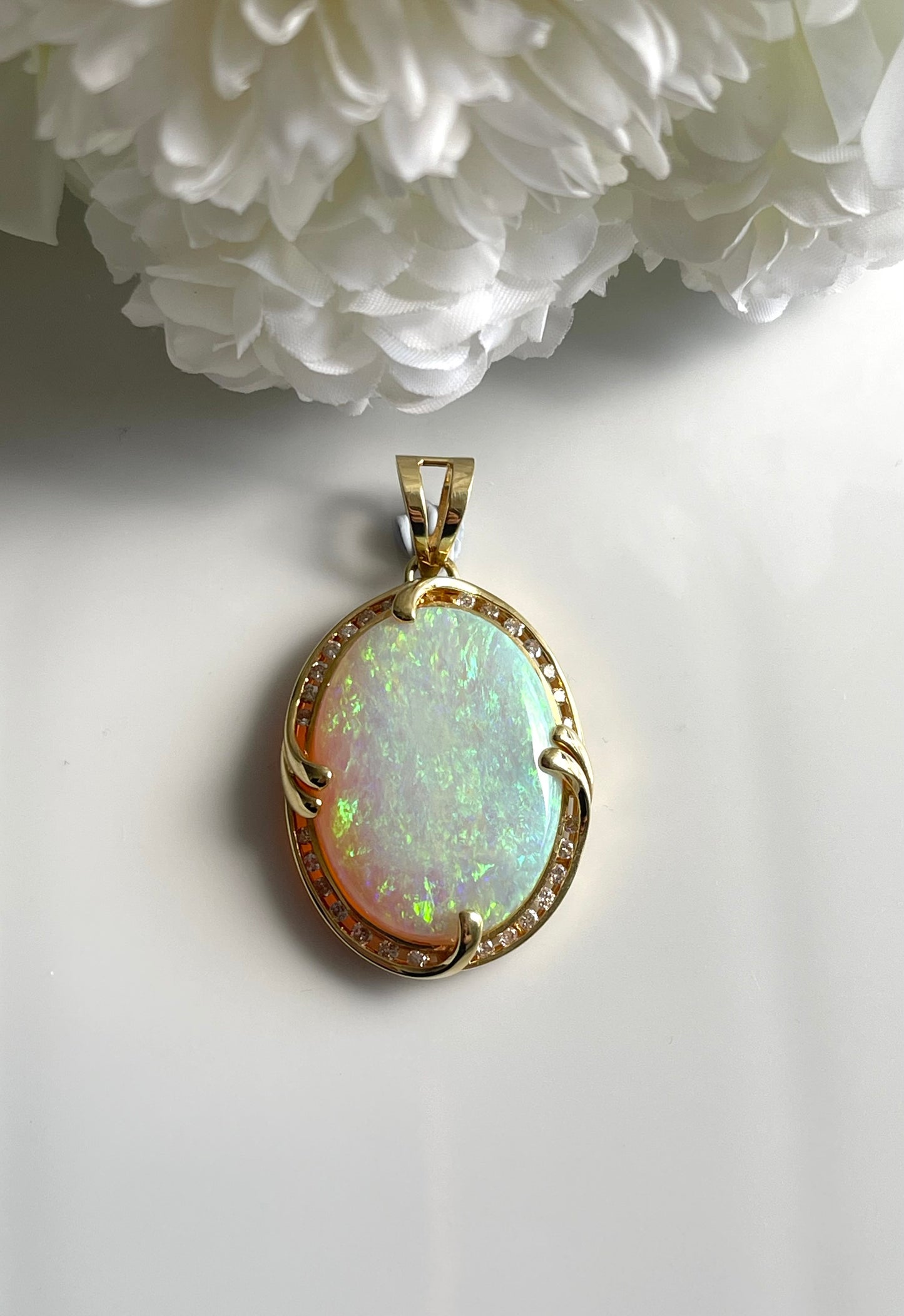 Statement 23.26ct Solid Australian Opal Diamond Pendant In 18ct Yellow Gold
