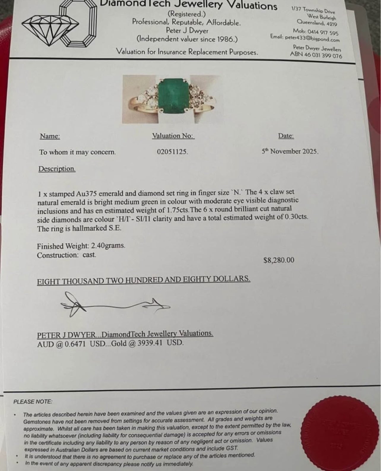 9ct yellow gold 1.75ct natural emerald diamond ring