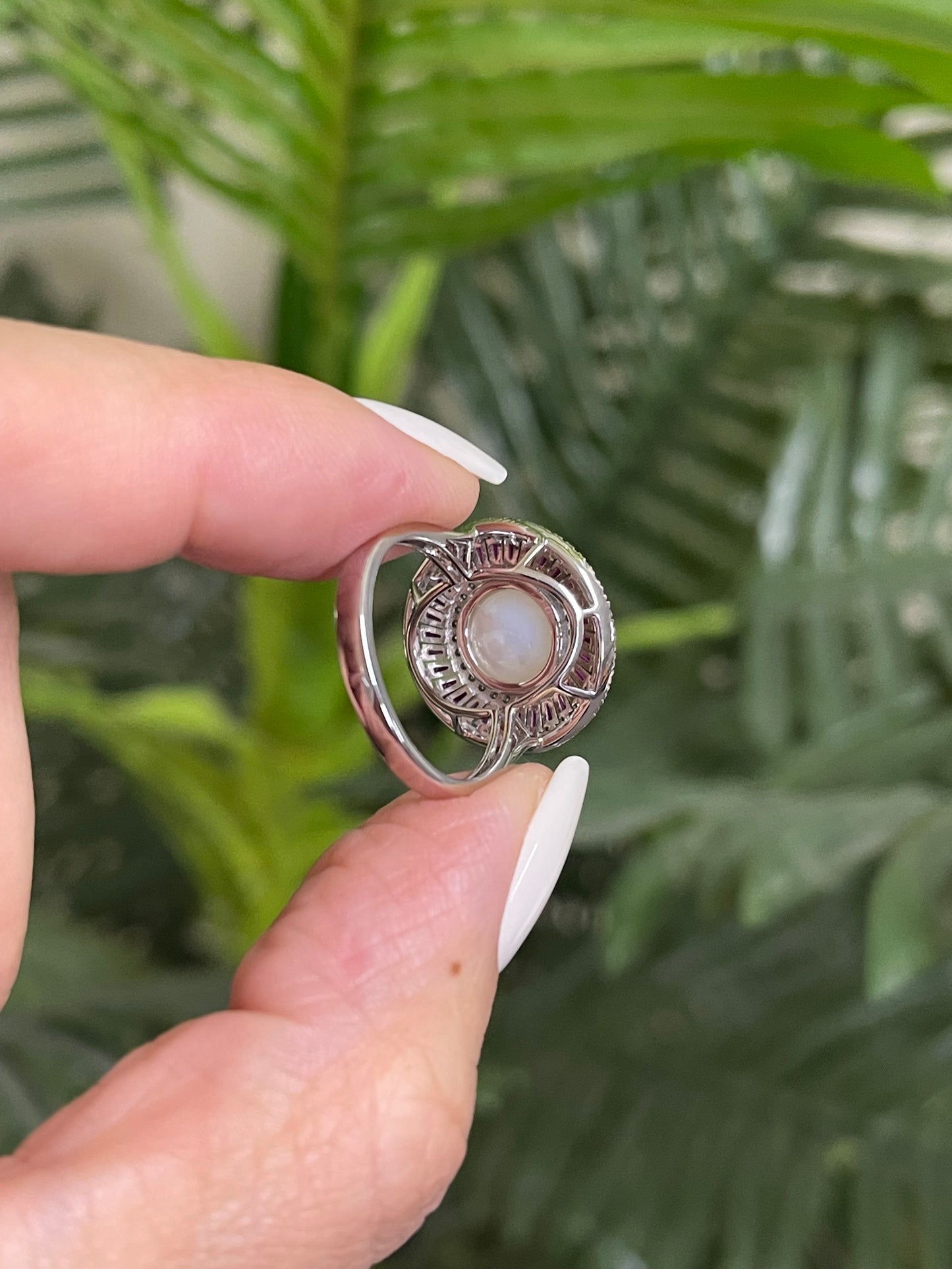 Art Deco Inspired Mabe Pearl Ruby Diamond Ring In 14ct White Gold