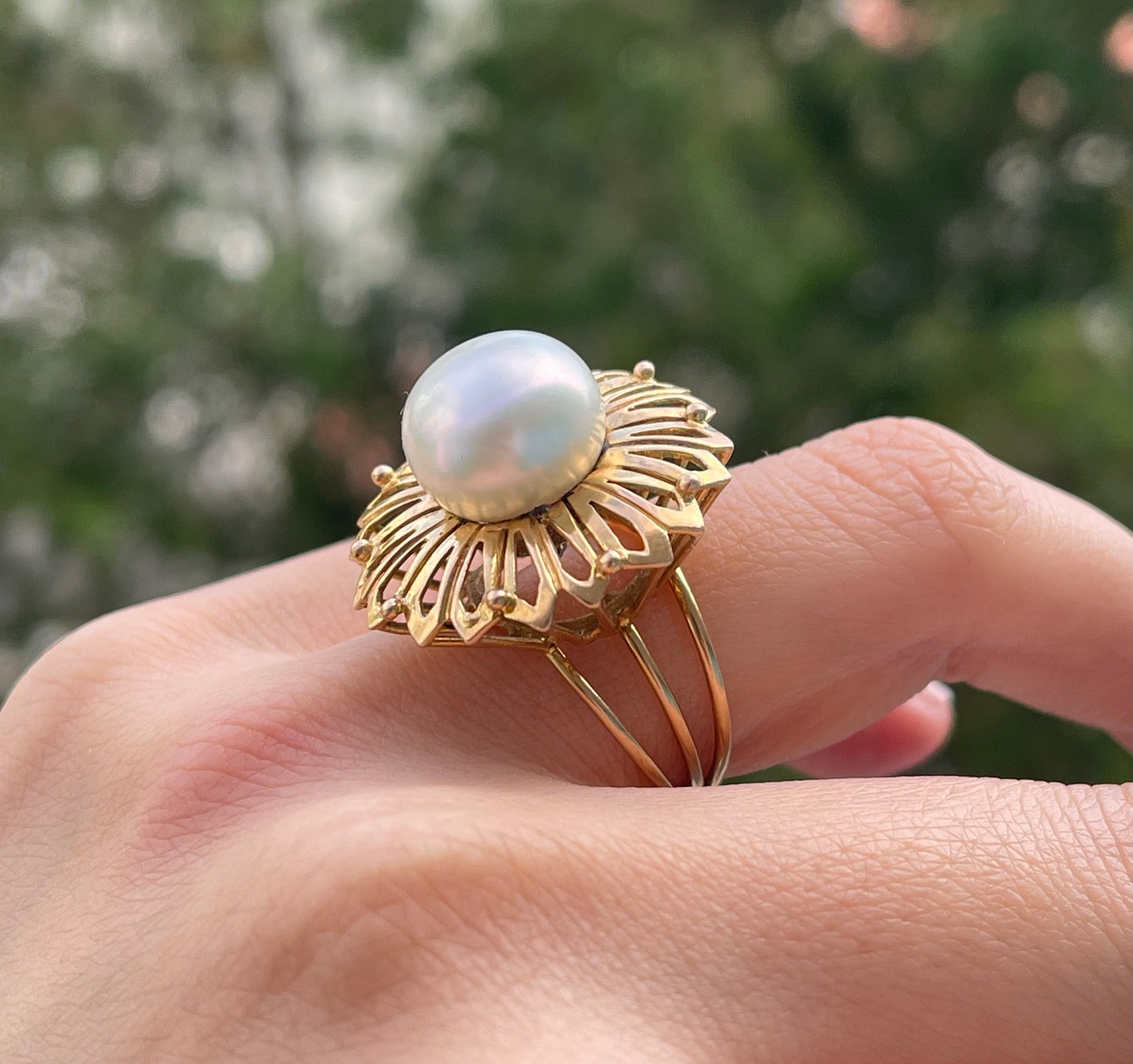 Vintage estate 9ct yellow gold genuine pearl sunflower ring