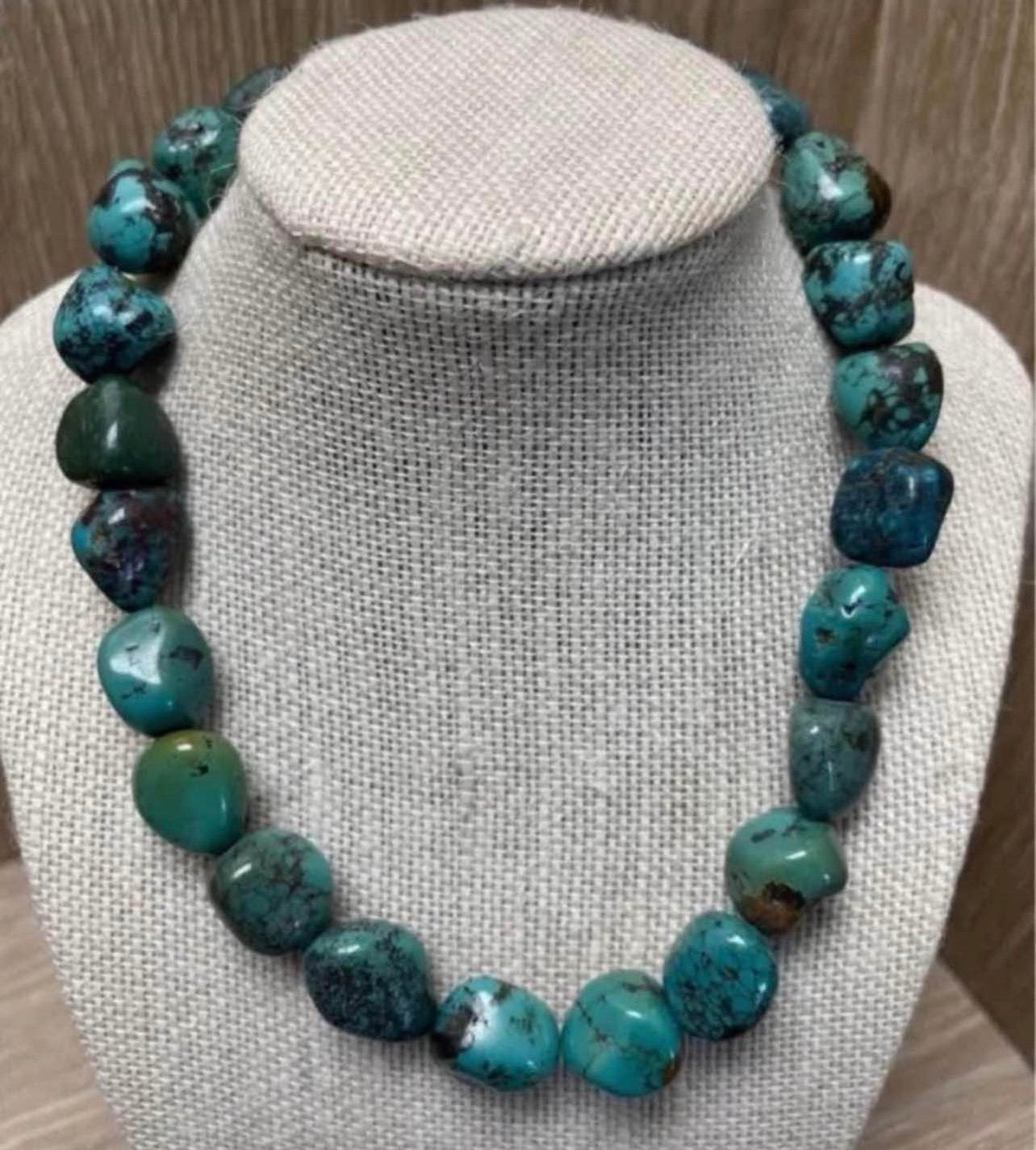 Vintage Large Turquoise Bead Necklace In 925 Sterling Silver Clasp