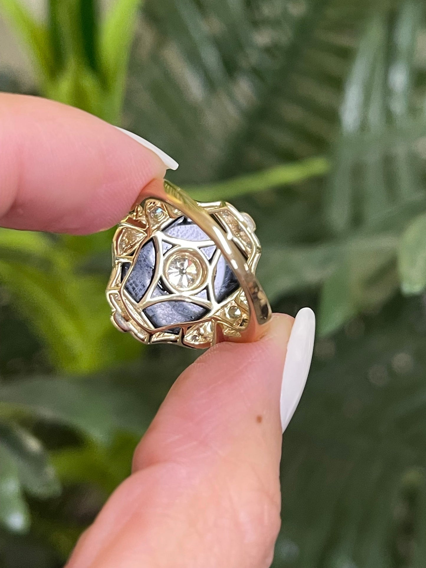 Art Deco Inspired Black Onyx Natural 1.52ct Old Cut Diamond Ring In 14ct Yellow Gold