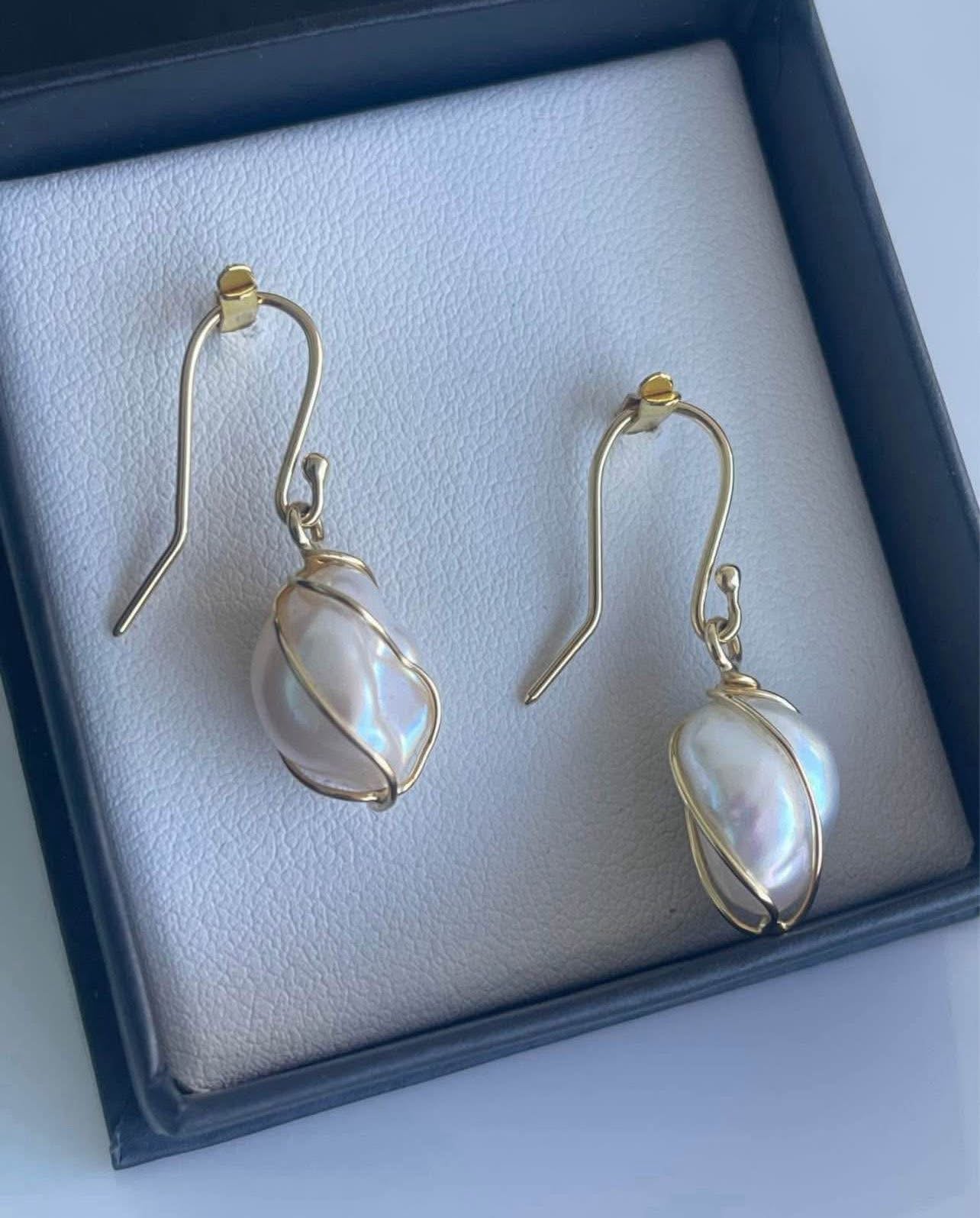 SE custom 9ct yellow gold wrap around wirework baroque pearl drop earrings