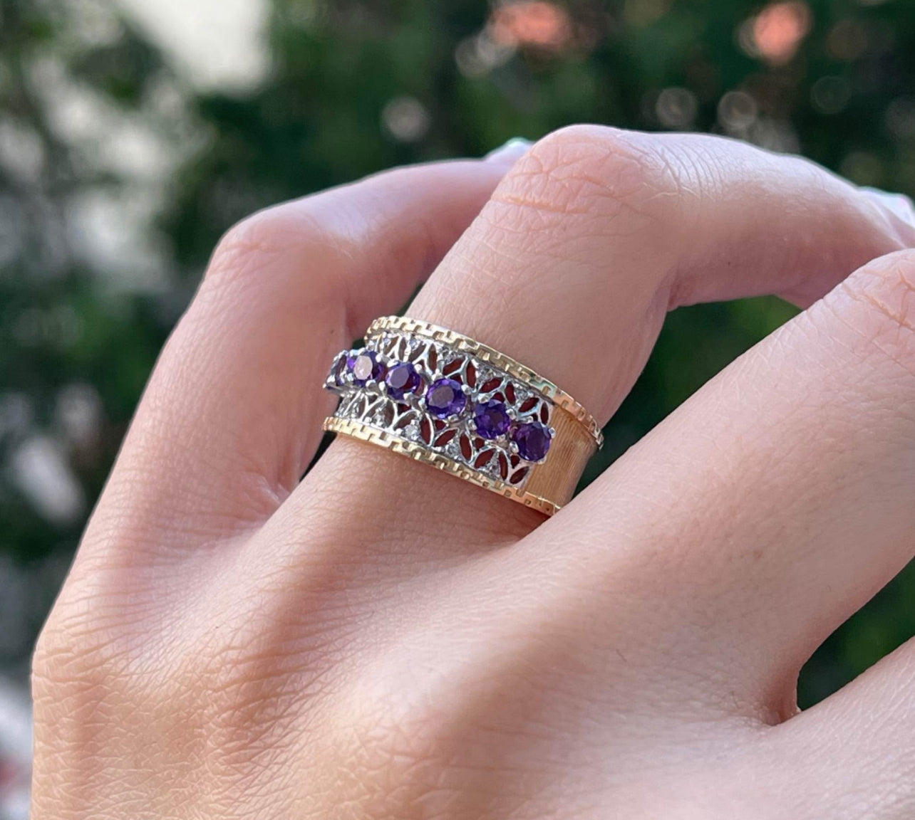 14ct Yellow White Gold Purple Amethyst Diamond Filigree Wide Band Ring